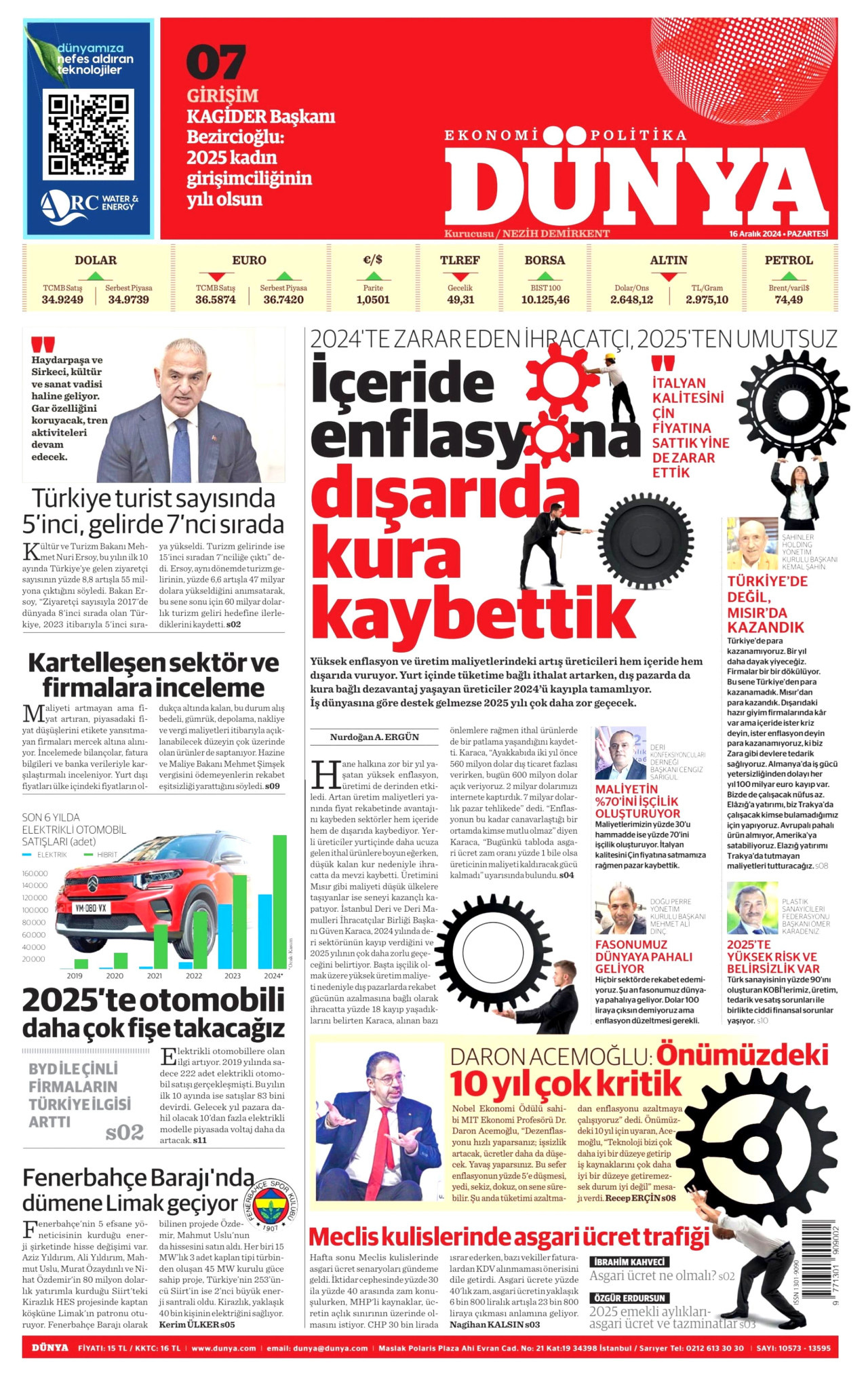 DÜNYA gazetesinin 16 Aralık 2024 tarihli birinci sayfası