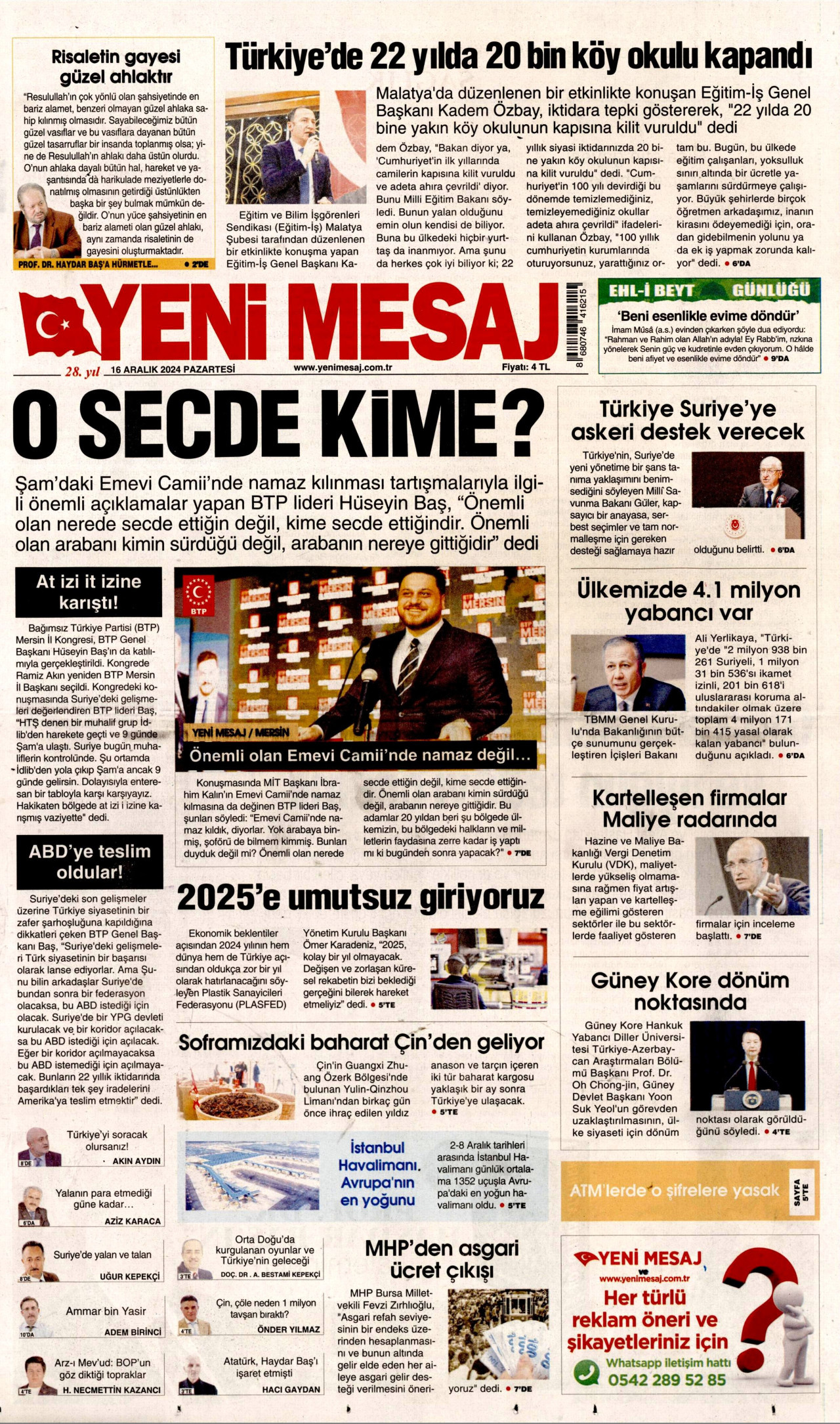 YENİ MESAJ gazetesinin 16 Aralık 2024 tarihli birinci sayfası