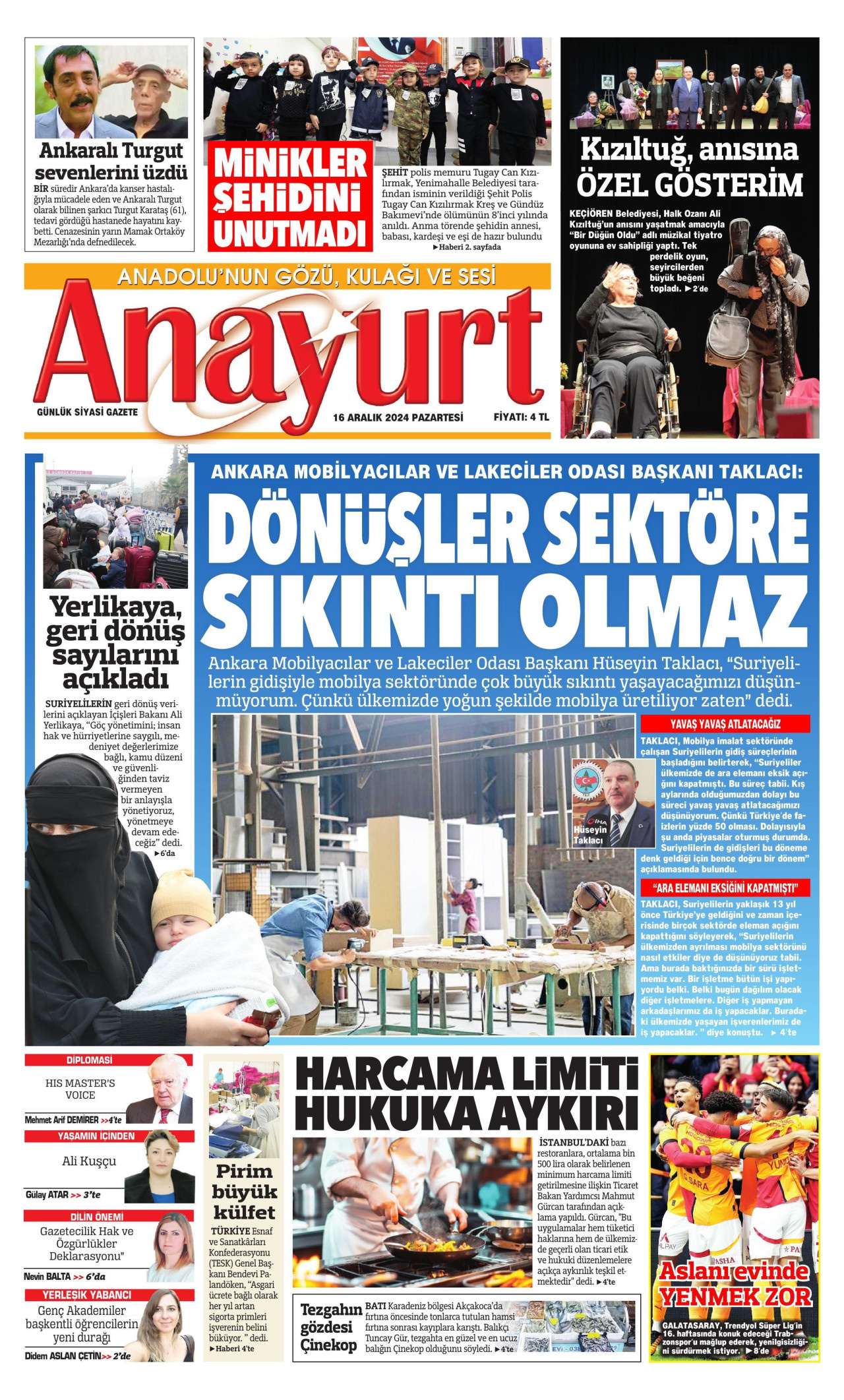 ANAYURT gazetesinin 16 Aralık 2024 tarihli birinci sayfası
