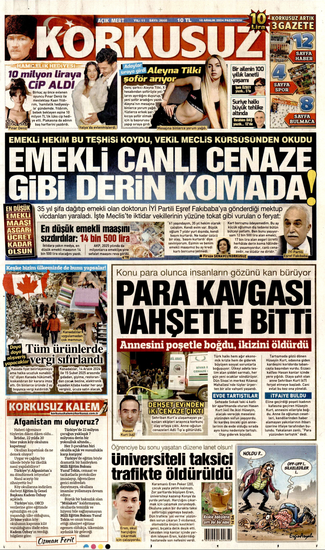 KORKUSUZ gazetesinin 16 Aralık 2024 tarihli birinci sayfası
