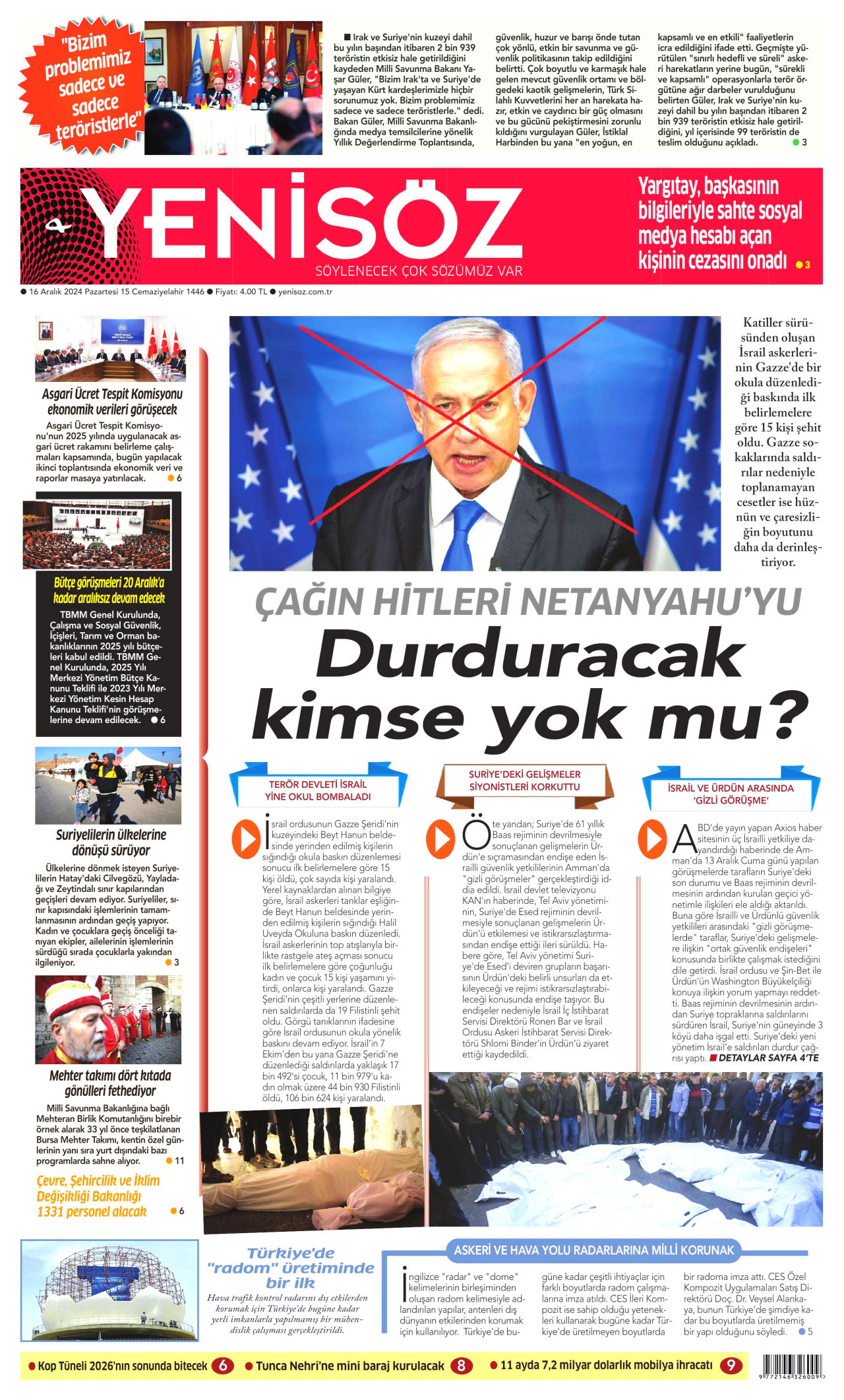 YENİ SÖZ GAZETESİ gazetesinin 16 Aralık 2024 tarihli birinci sayfası