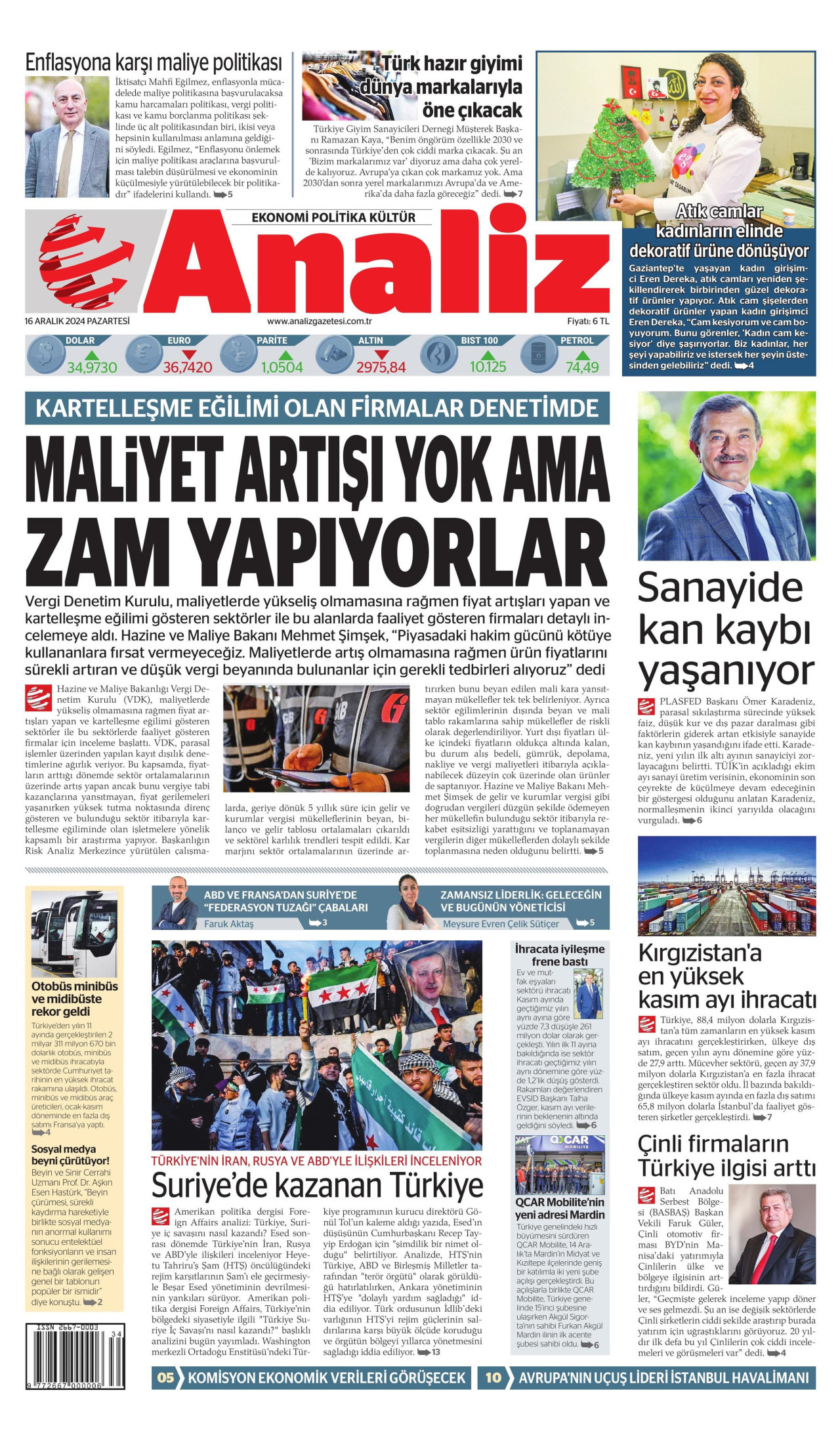 ANALİZ gazetesinin 16 Aralık 2024 tarihli birinci sayfası