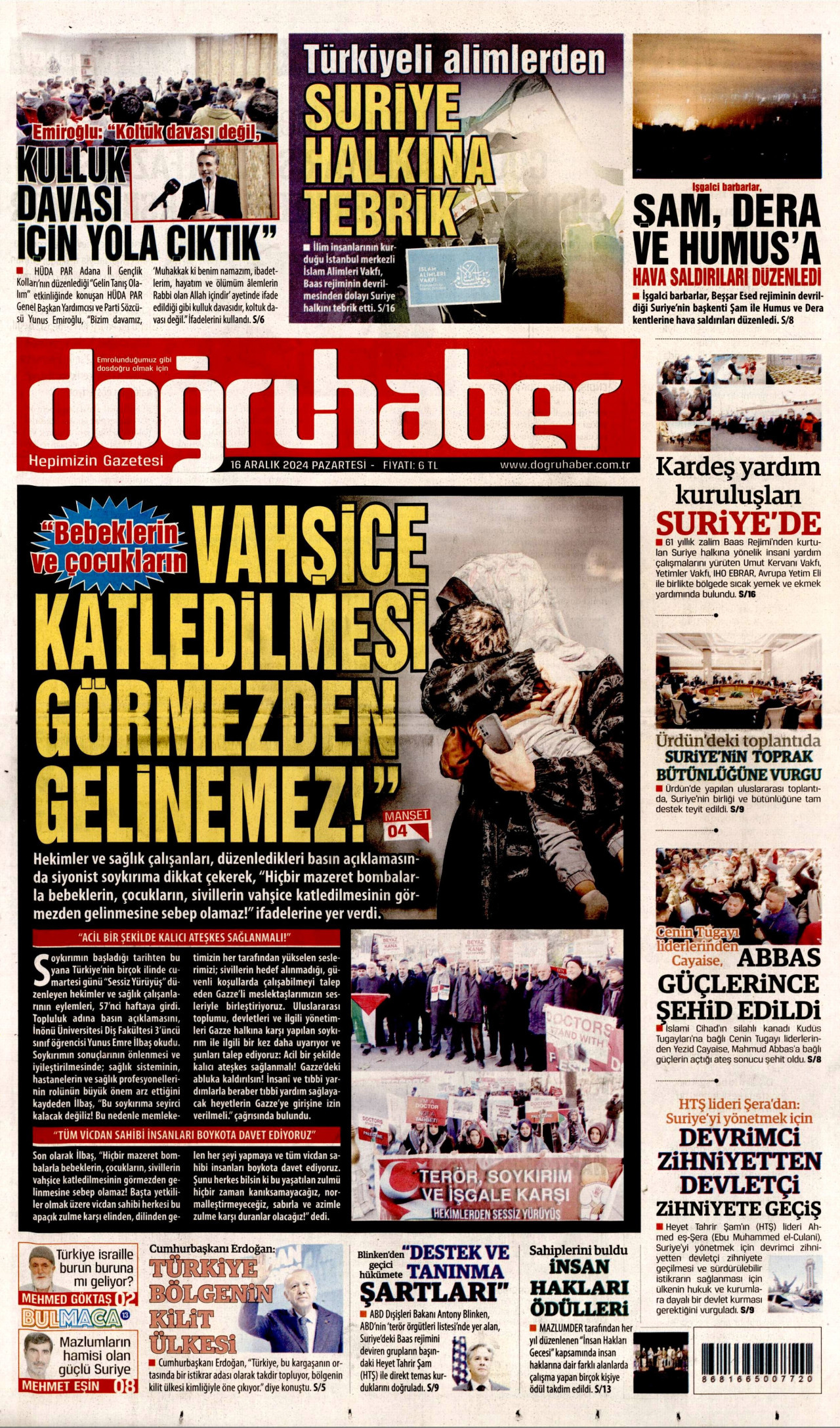 DOĞRU HABER gazetesinin 16 Aralık 2024 tarihli birinci sayfası