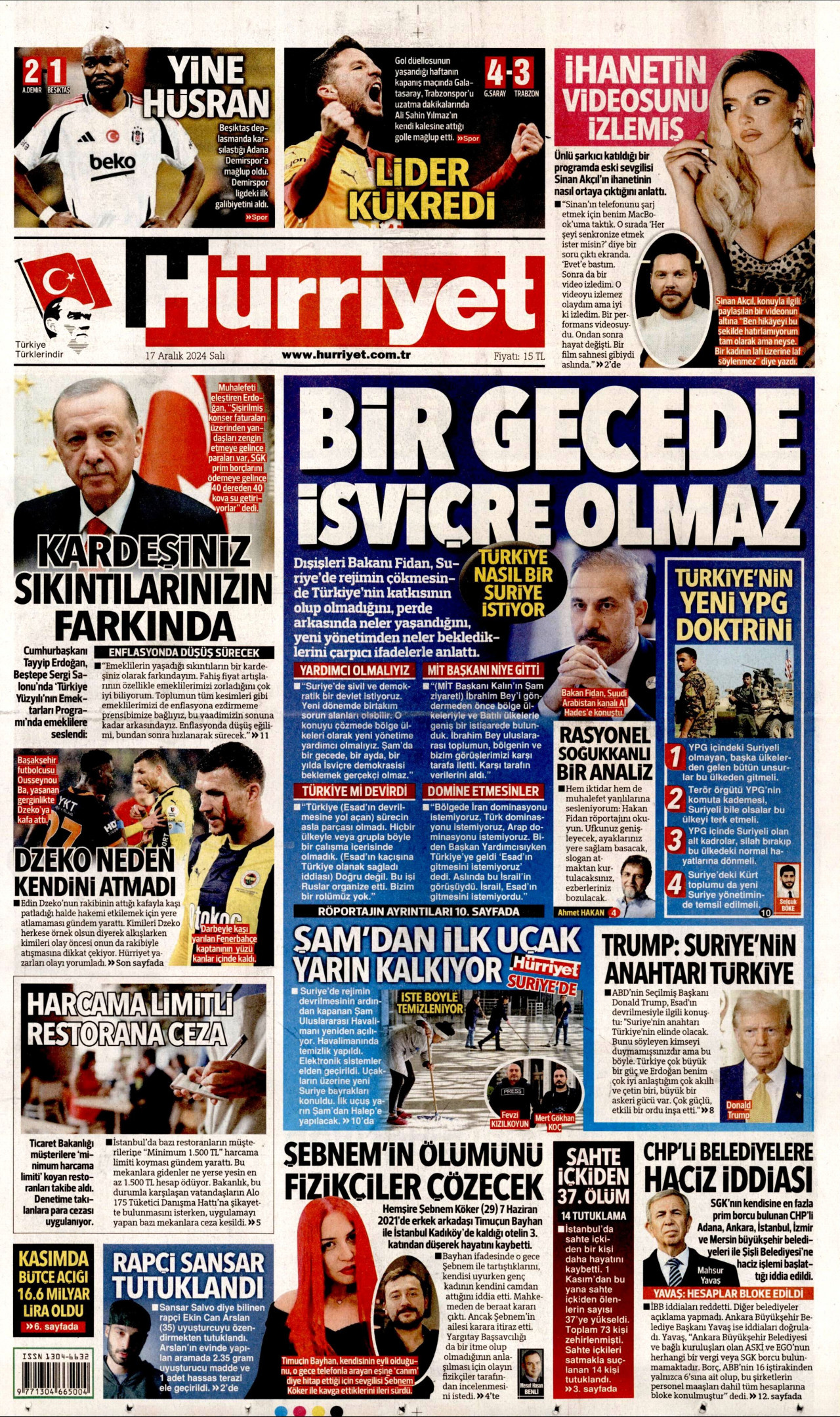 HÜRRİYET gazetesinin 17 Aralık 2024 tarihli birinci sayfası