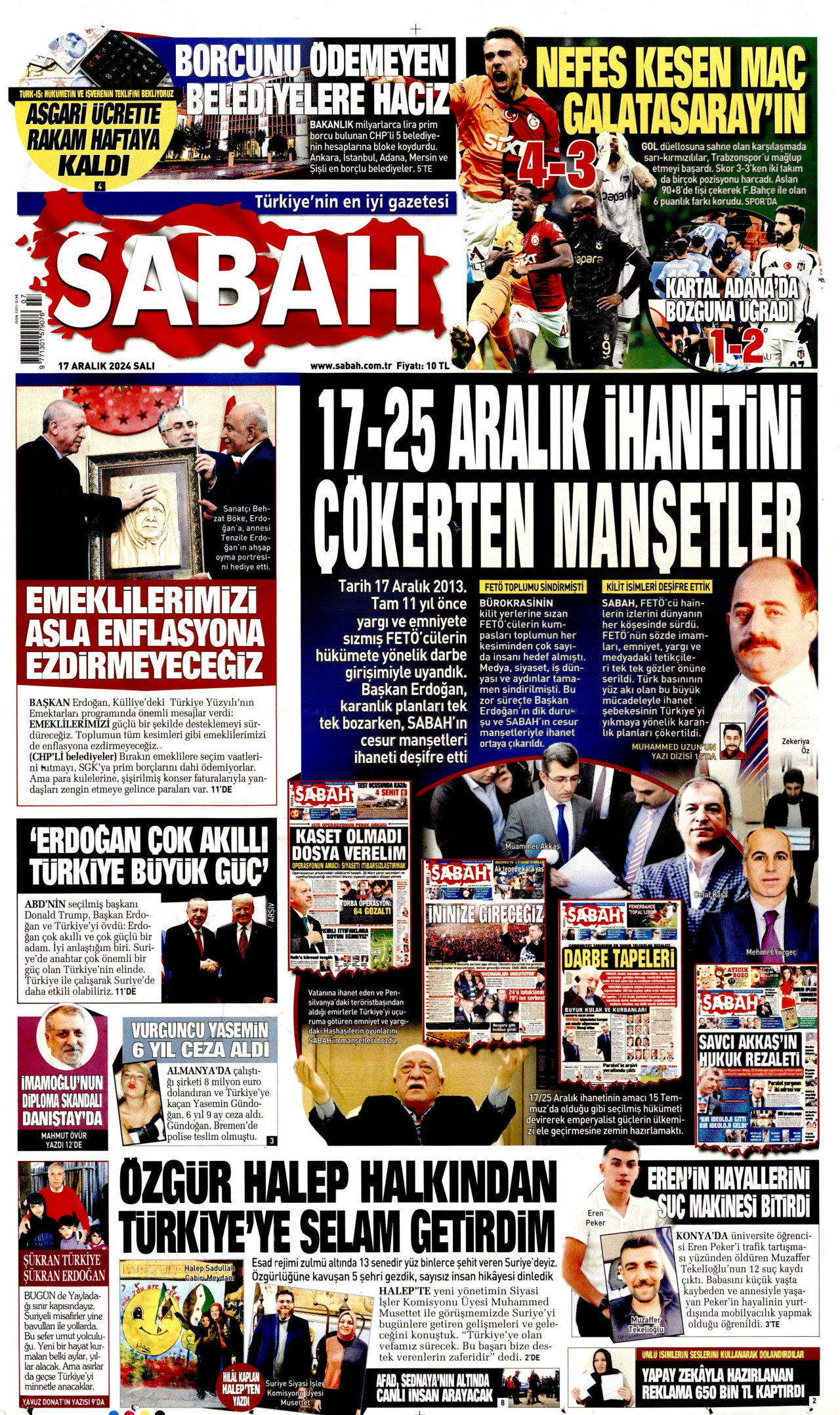 SABAH gazetesinin 17 Aralık 2024 tarihli birinci sayfası