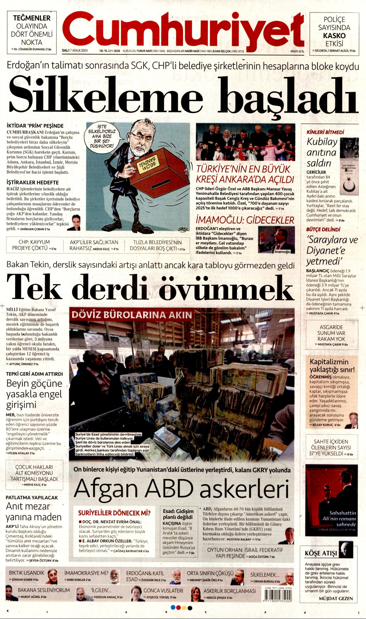 CUMHURİYET gazetesinin 17 Aralık 2024 tarihli birinci sayfası