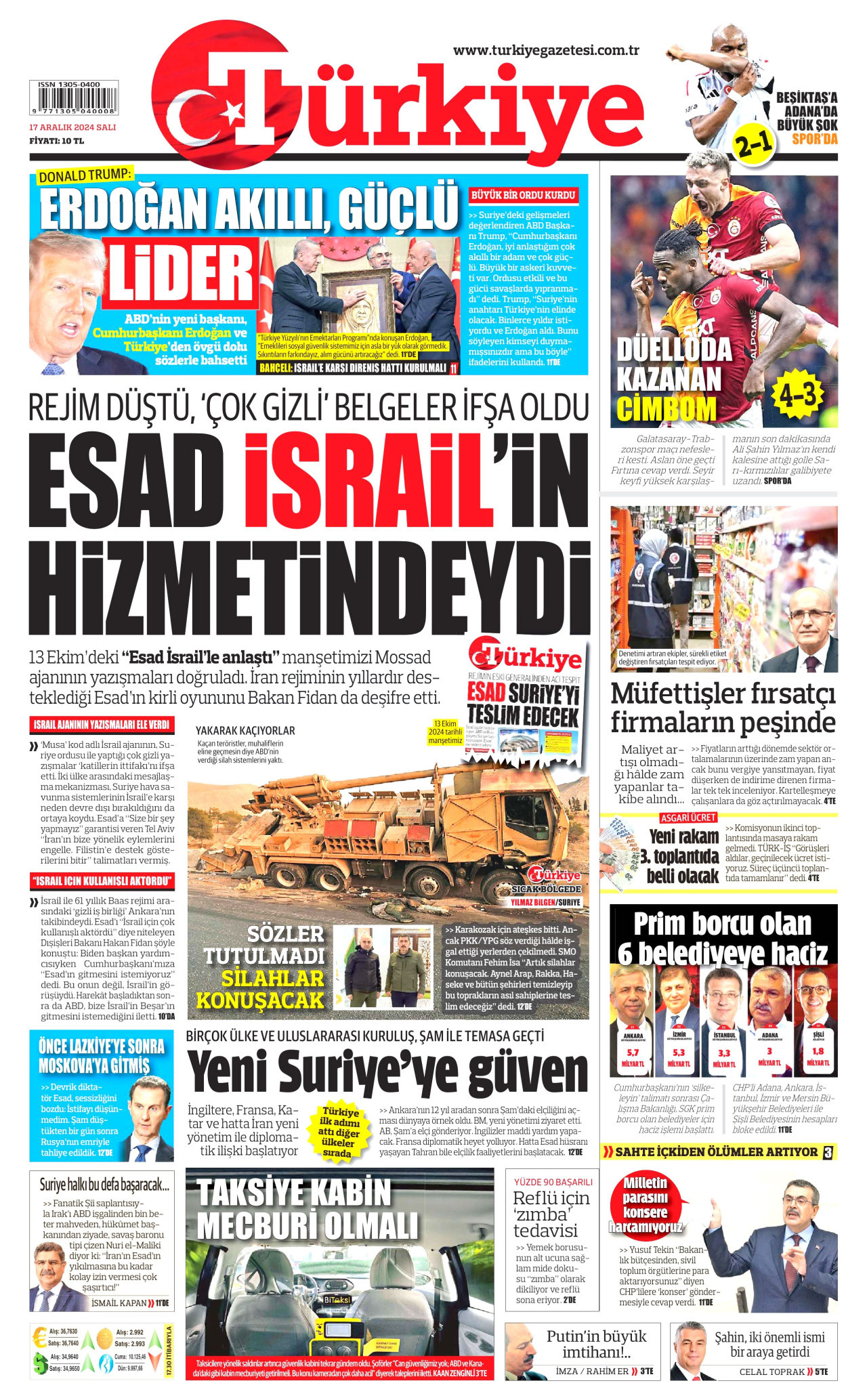 TÜRKİYE GAZETESİ gazetesinin 17 Aralık 2024 tarihli birinci sayfası