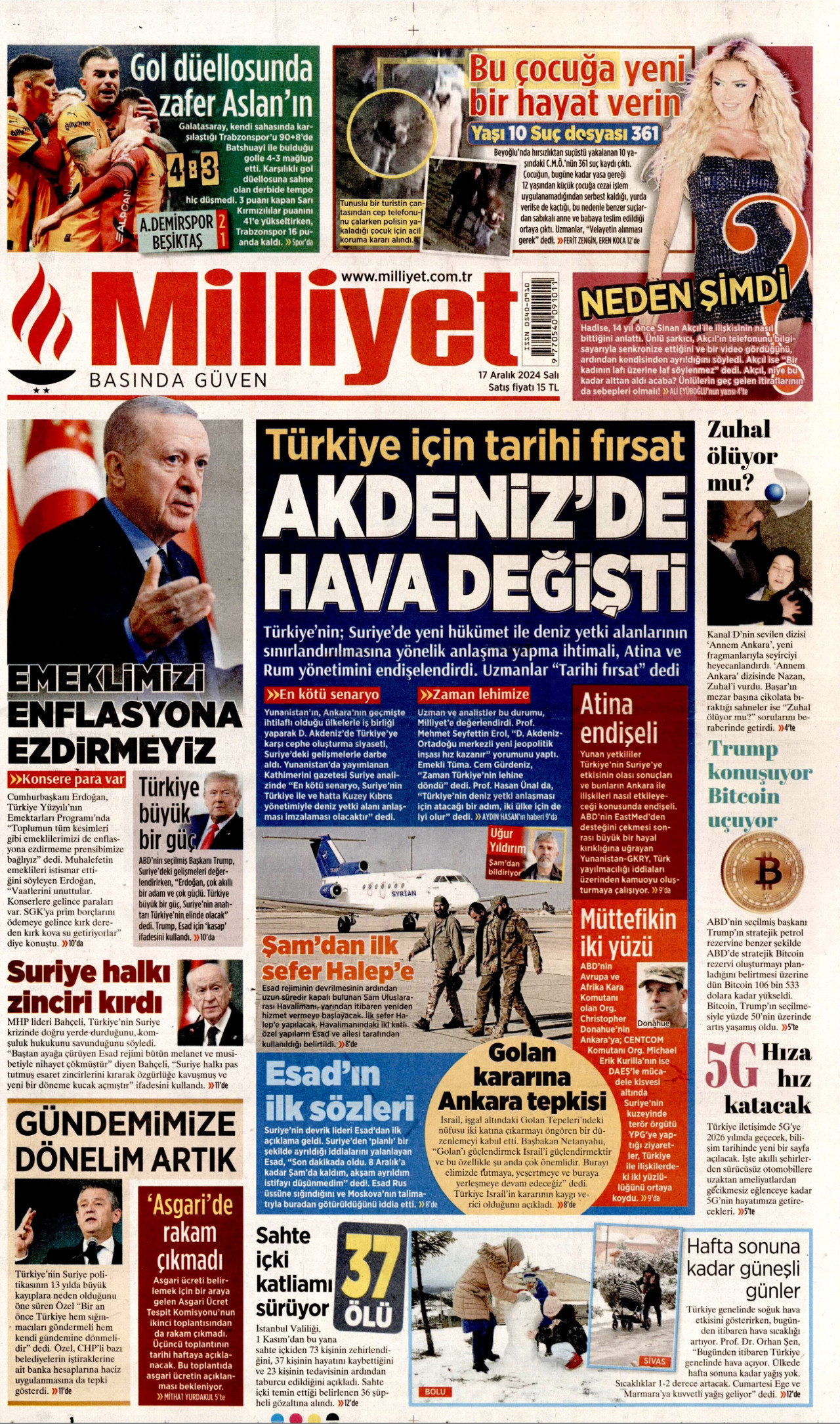 MİLLİYET gazetesinin 17 Aralık 2024 tarihli birinci sayfası
