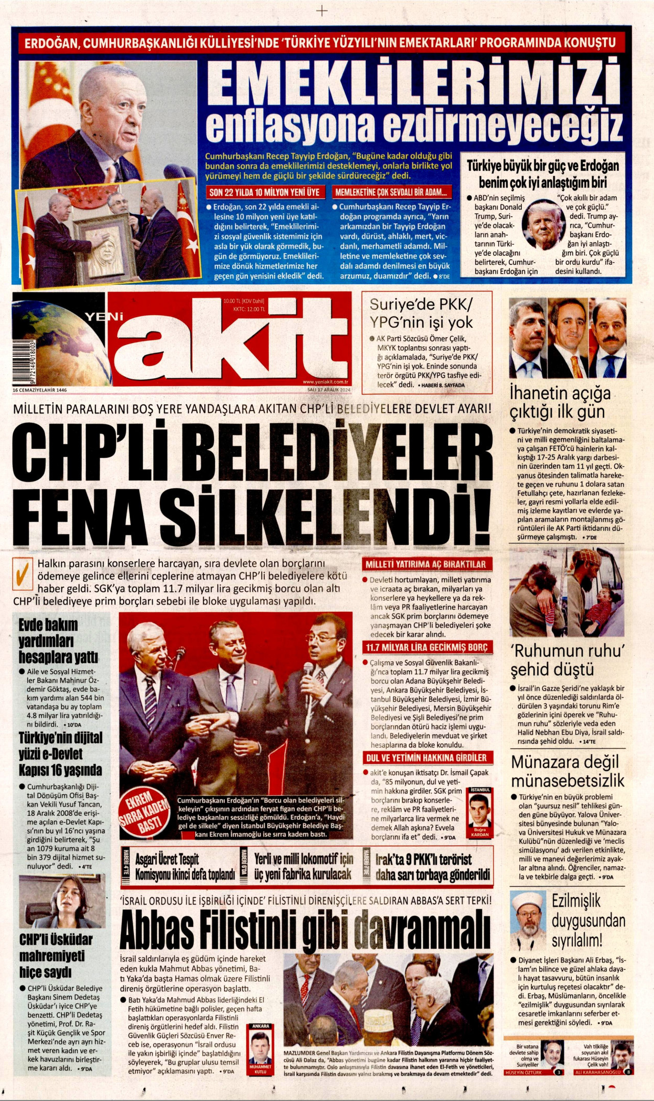 YENİ AKİT gazetesinin 17 Aralık 2024 tarihli birinci sayfası