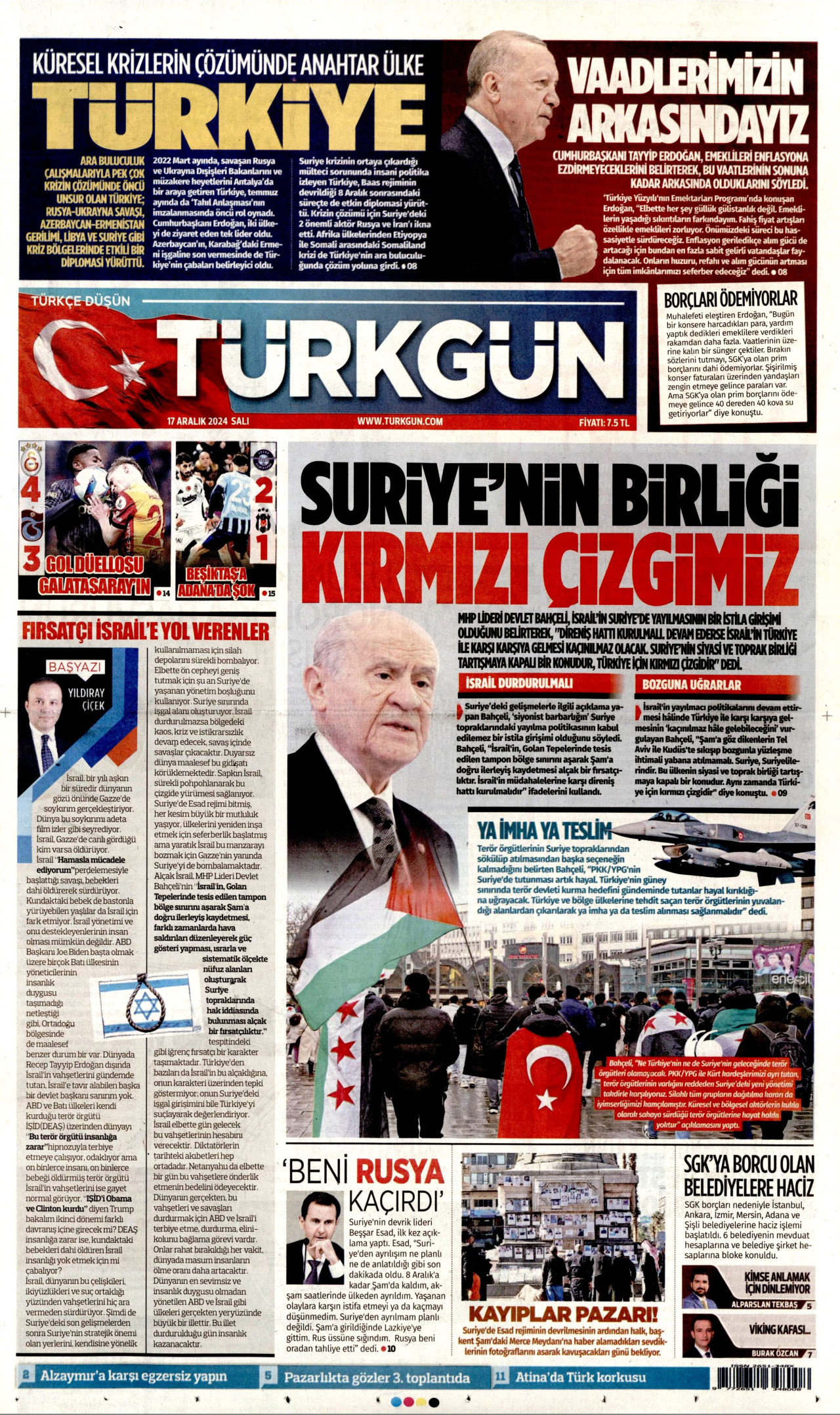 TÜRKGÜN gazetesinin 17 Aralık 2024 tarihli birinci sayfası