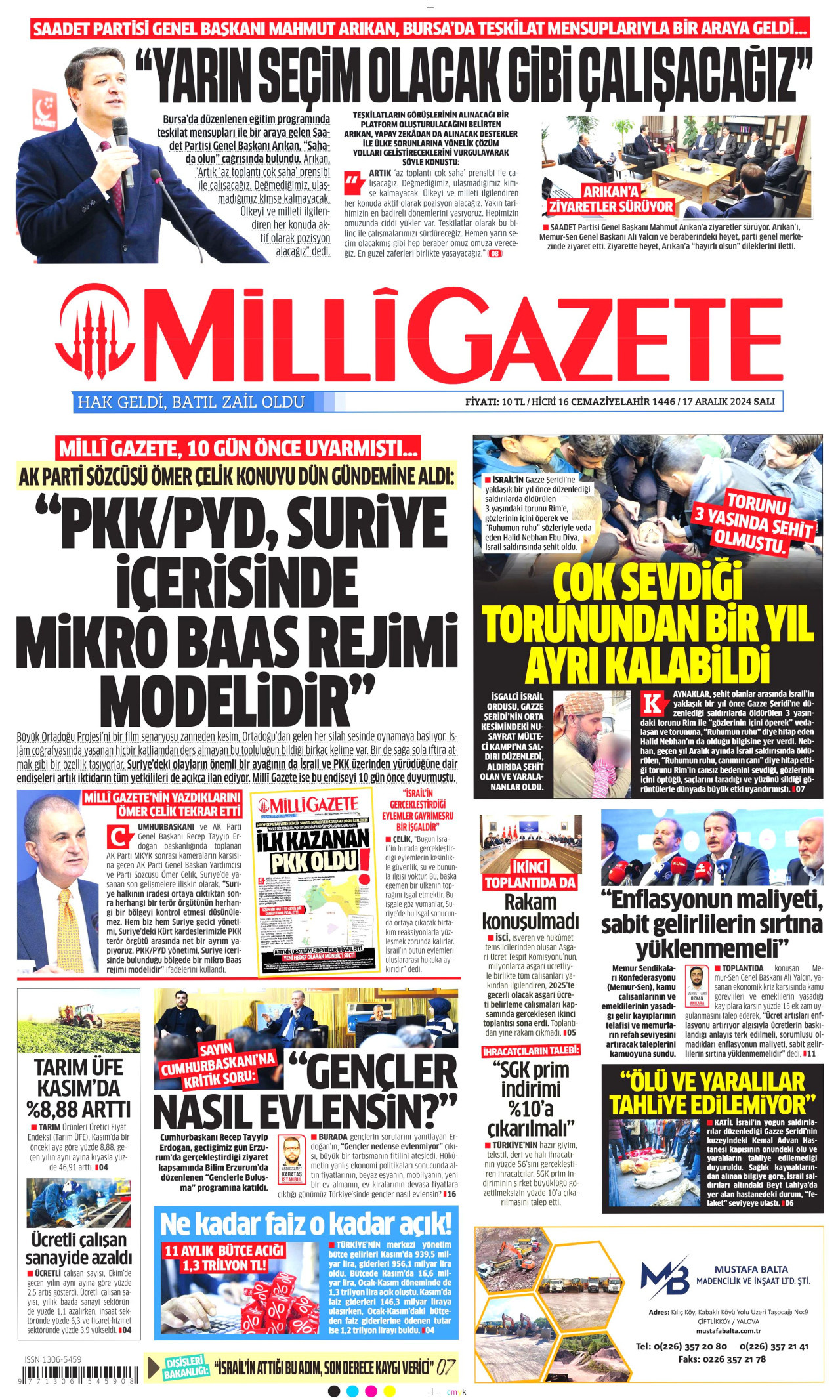 MİLLİ GAZETE gazetesinin 17 Aralık 2024 tarihli birinci sayfası