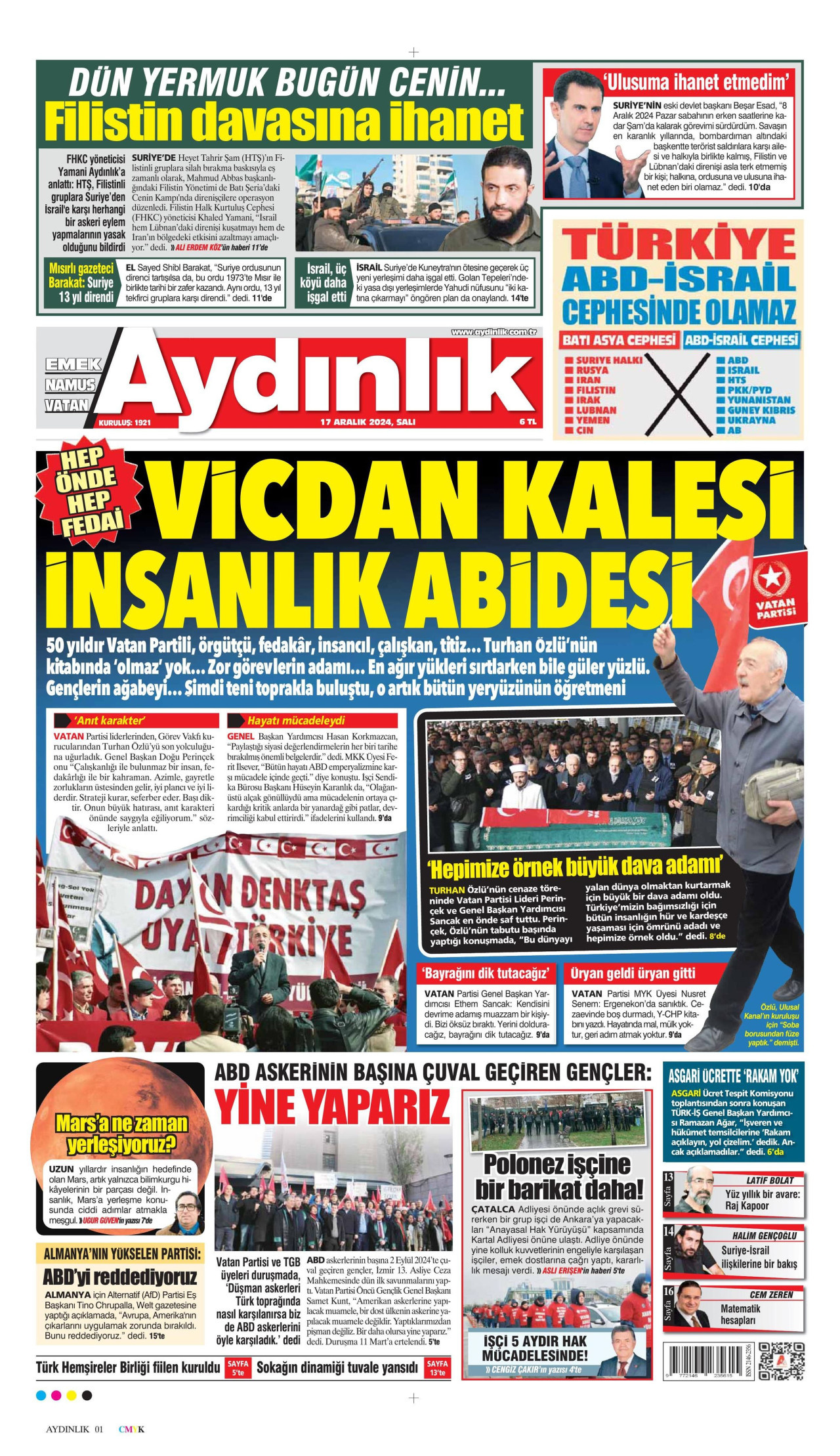 AYDINLIK GAZETESİ gazetesinin 17 Aralık 2024 tarihli birinci sayfası