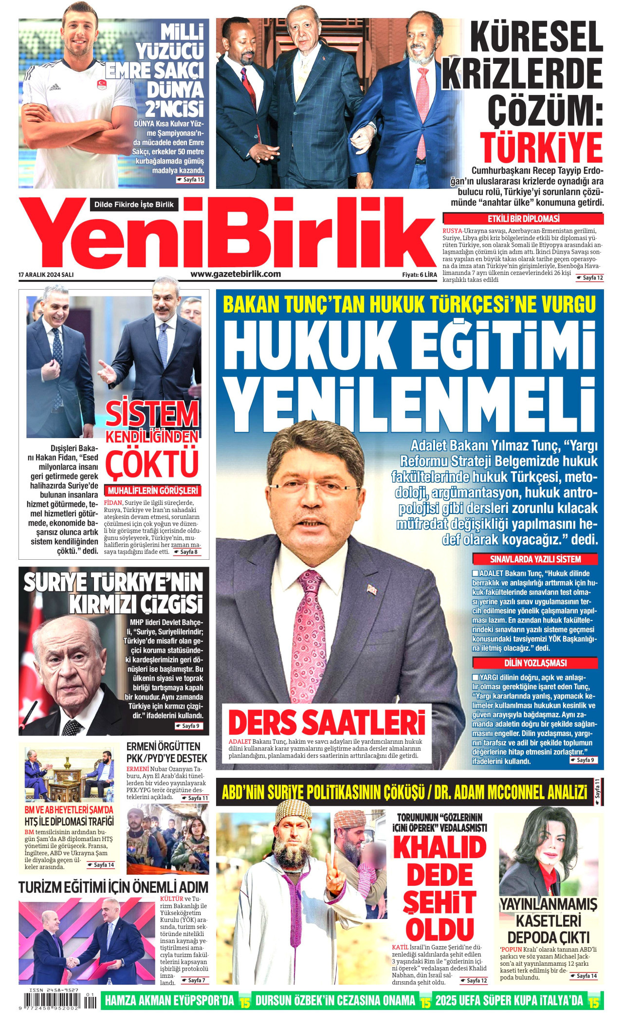 YENİBİRLİK gazetesinin 17 Aralık 2024 tarihli birinci sayfası