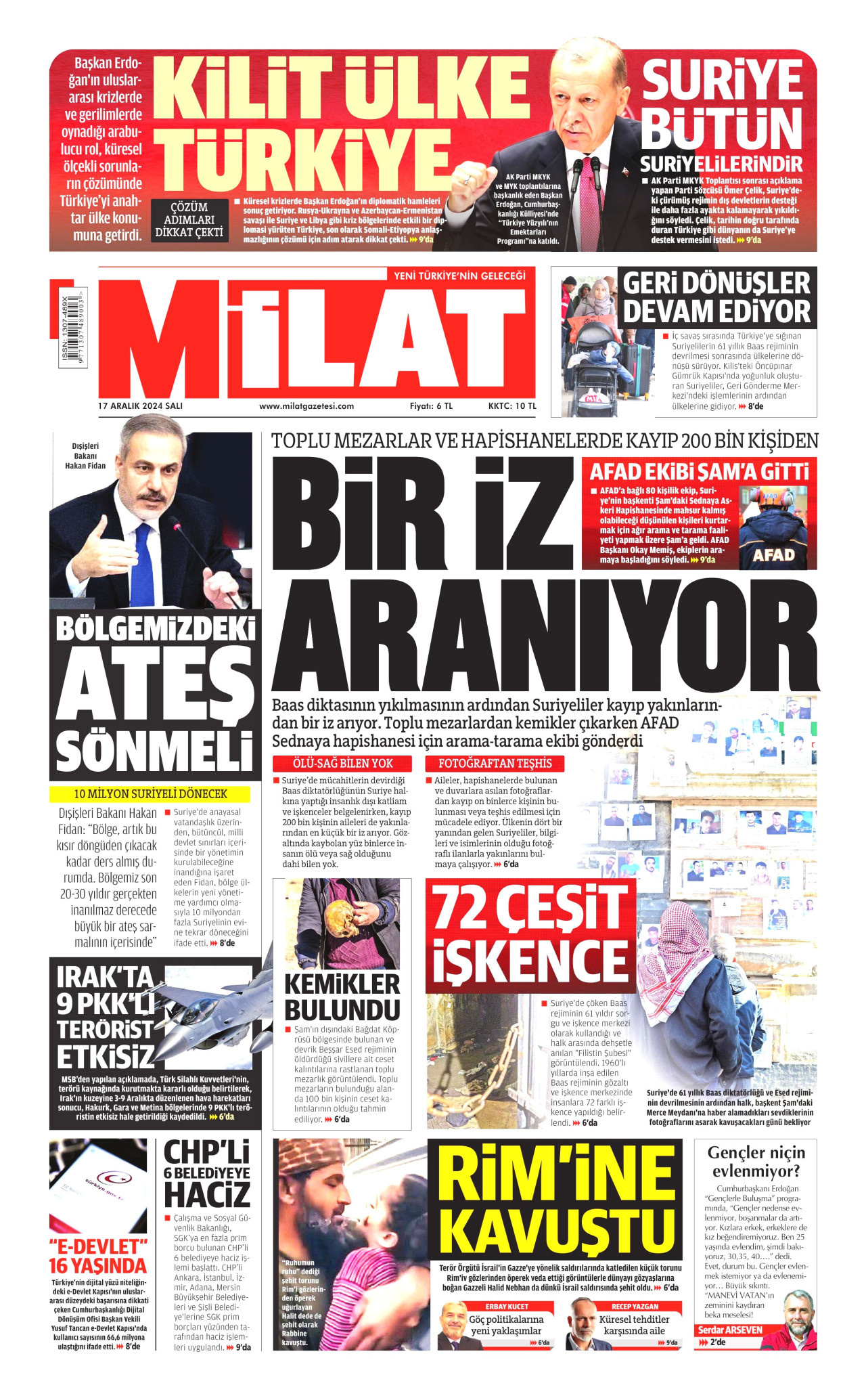 MİLAT gazetesinin 17 Aralık 2024 tarihli birinci sayfası