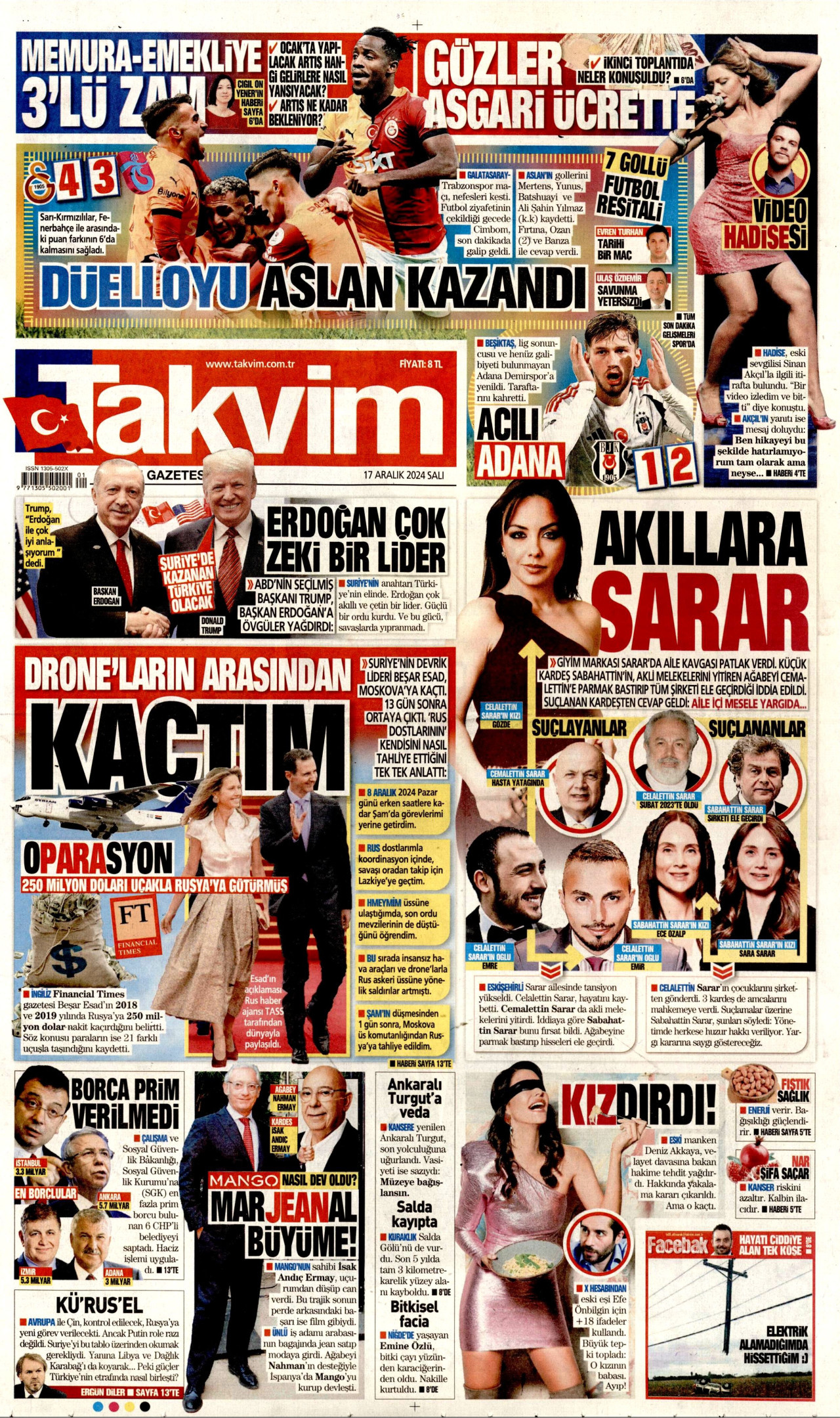 TAKVİM gazetesinin 17 Aralık 2024 tarihli birinci sayfası