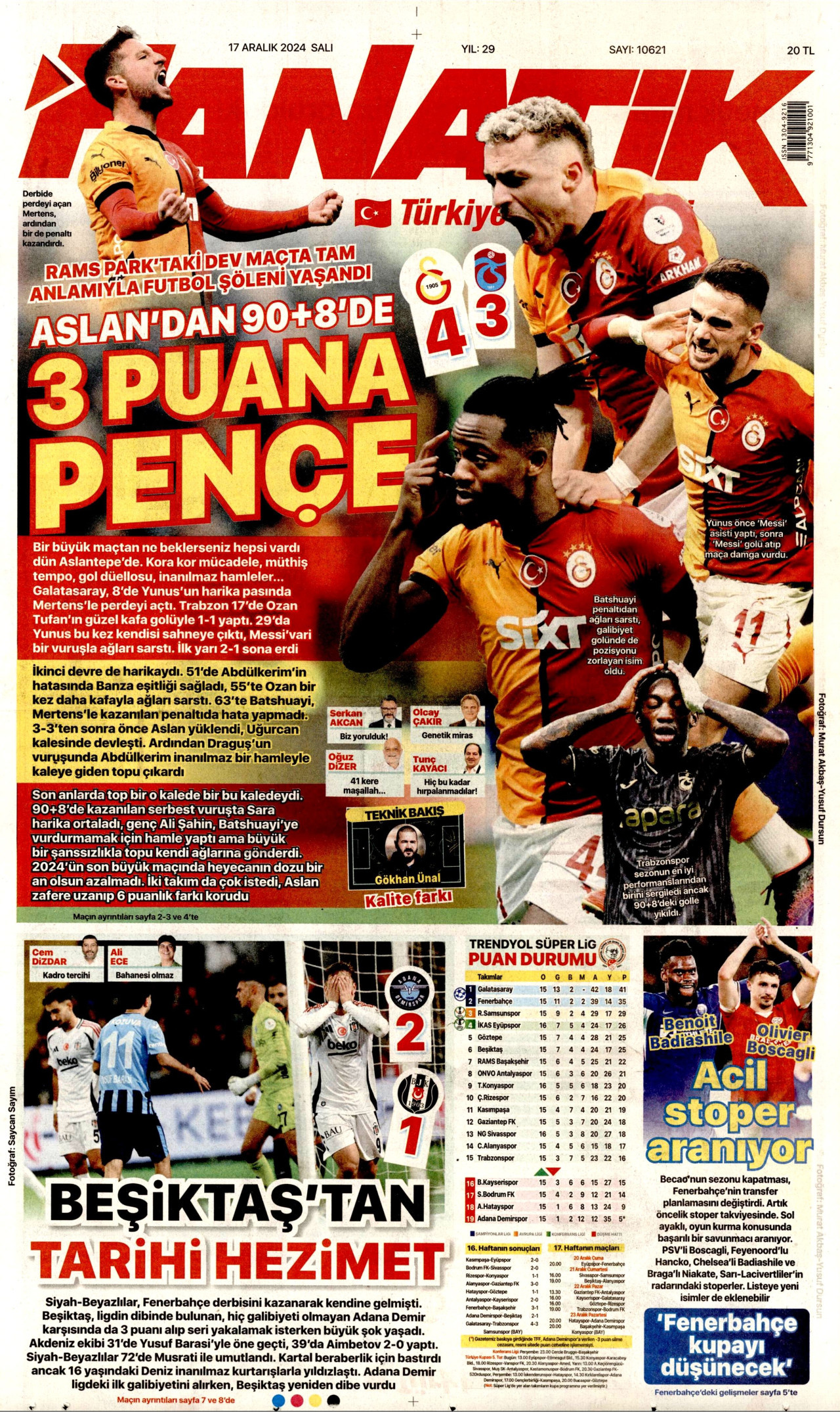 FANATİK gazetesinin 17 Aralık 2024 tarihli birinci sayfası