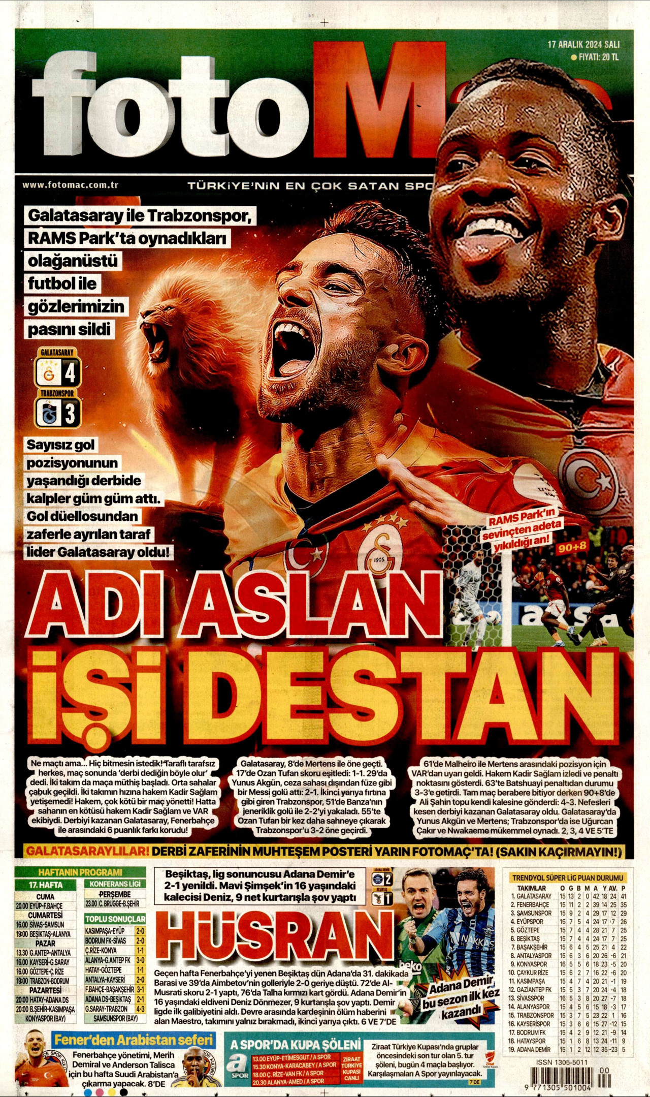 FOTOMAÇ gazetesinin 17 Aralık 2024 tarihli birinci sayfası