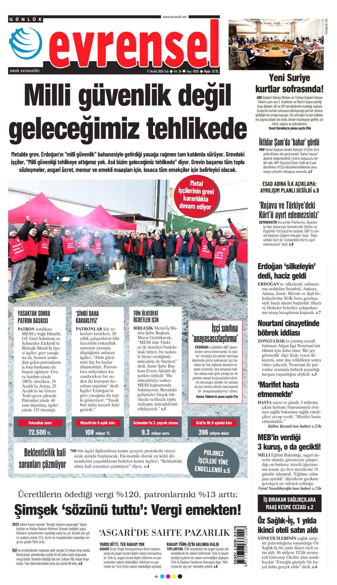 EVRENSEL gazetesinin 17 Aralık 2024 tarihli birinci sayfası