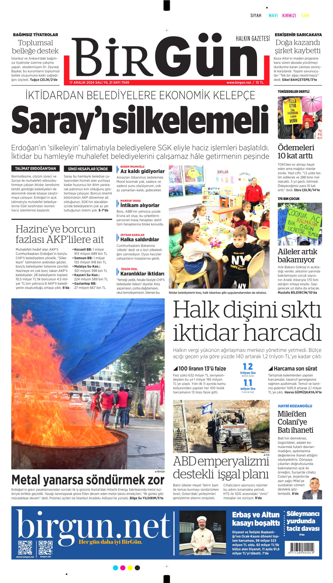 BİRGÜN gazetesinin 17 Aralık 2024 tarihli birinci sayfası