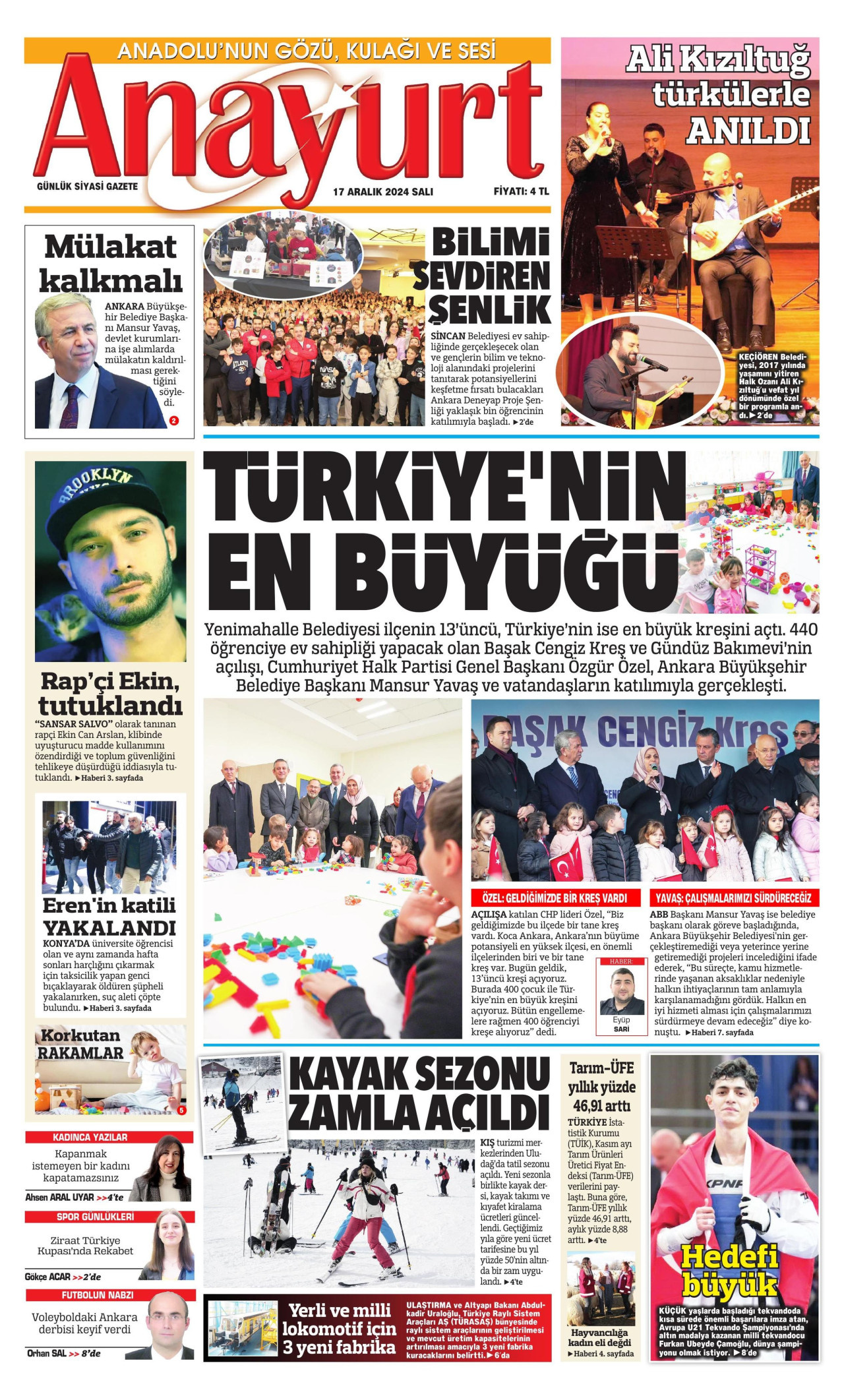 ANAYURT gazetesinin 17 Aralık 2024 tarihli birinci sayfası