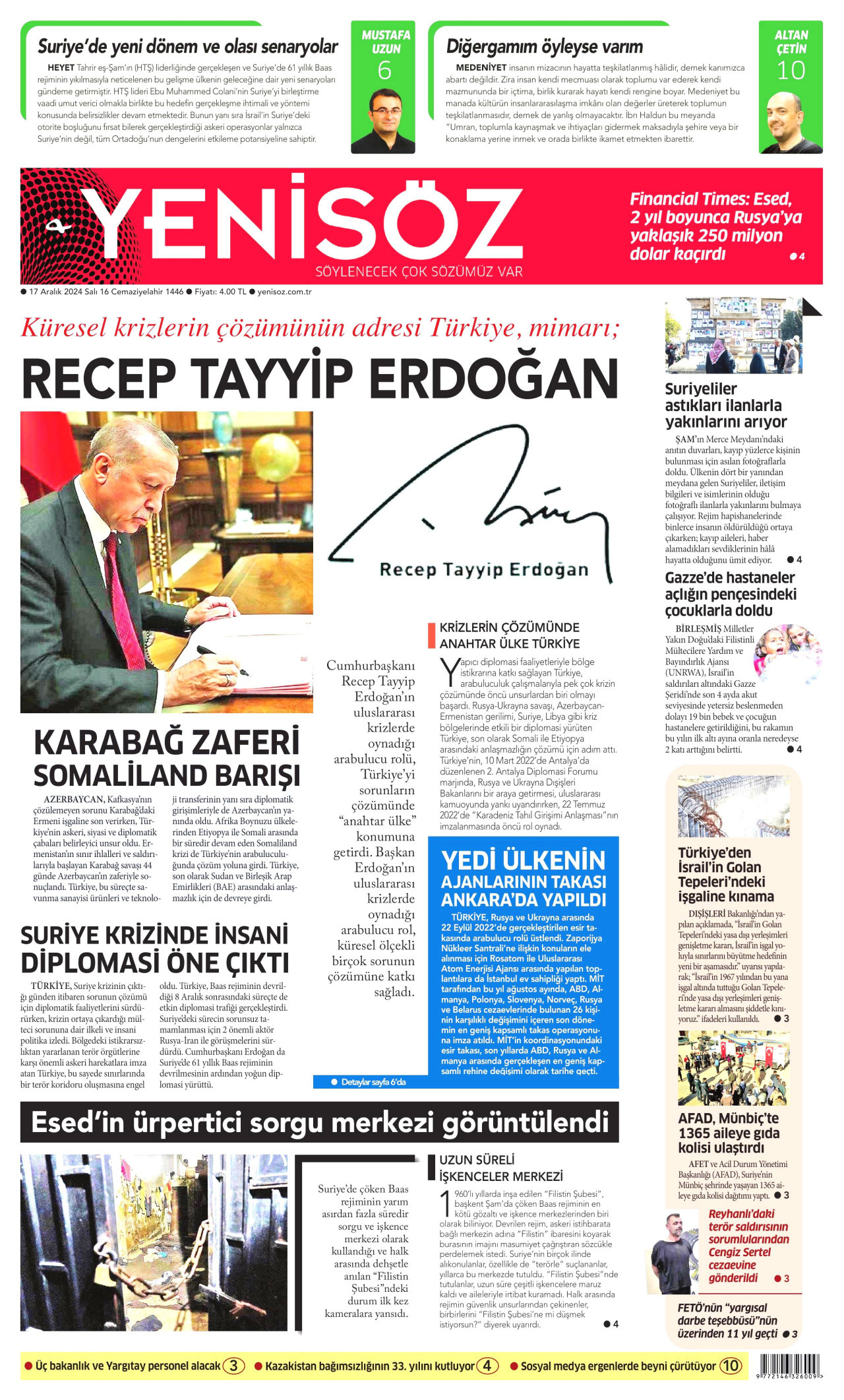 YENİ SÖZ GAZETESİ gazetesinin 17 Aralık 2024 tarihli birinci sayfası