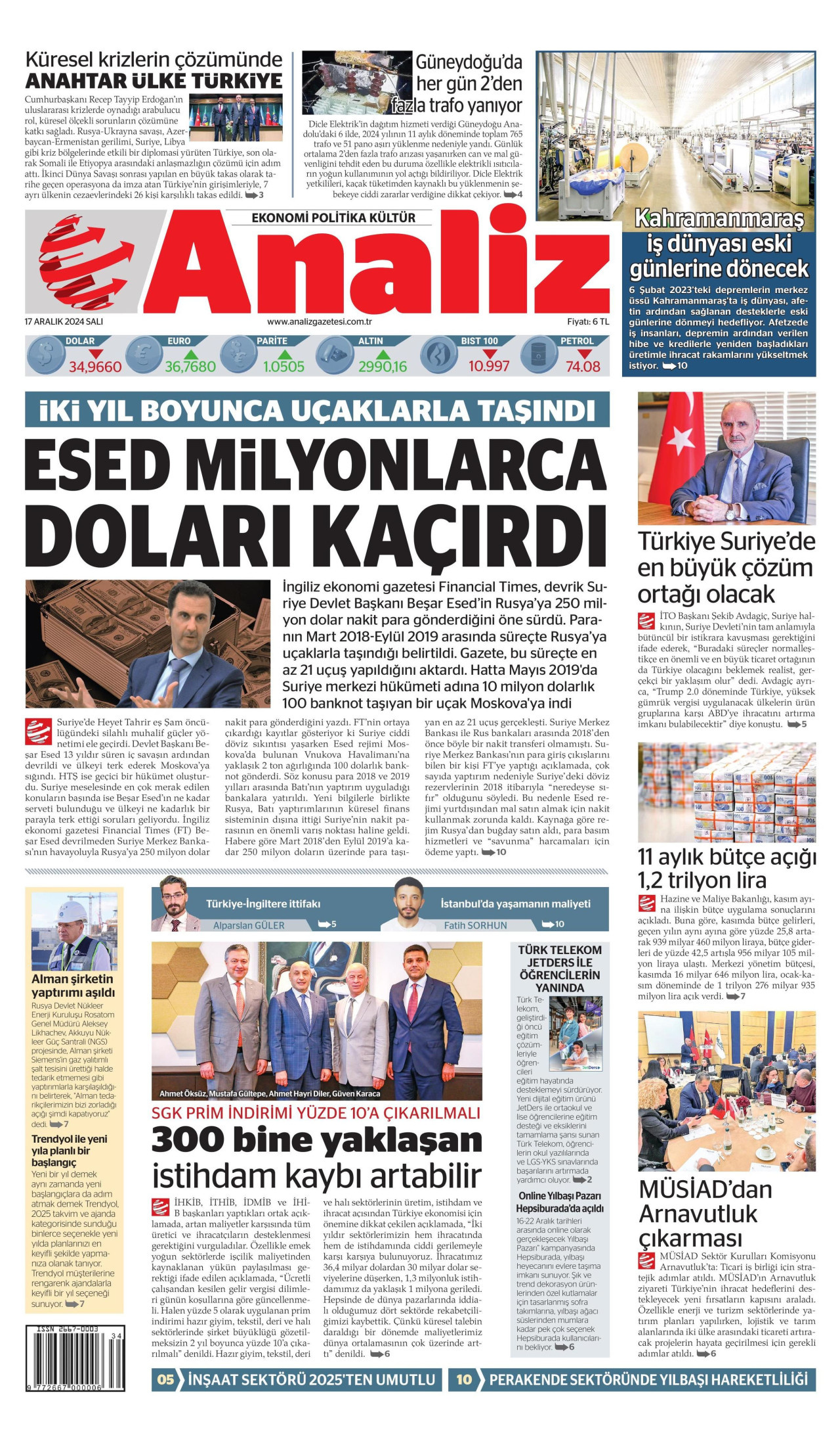 ANALİZ gazetesinin 17 Aralık 2024 tarihli birinci sayfası