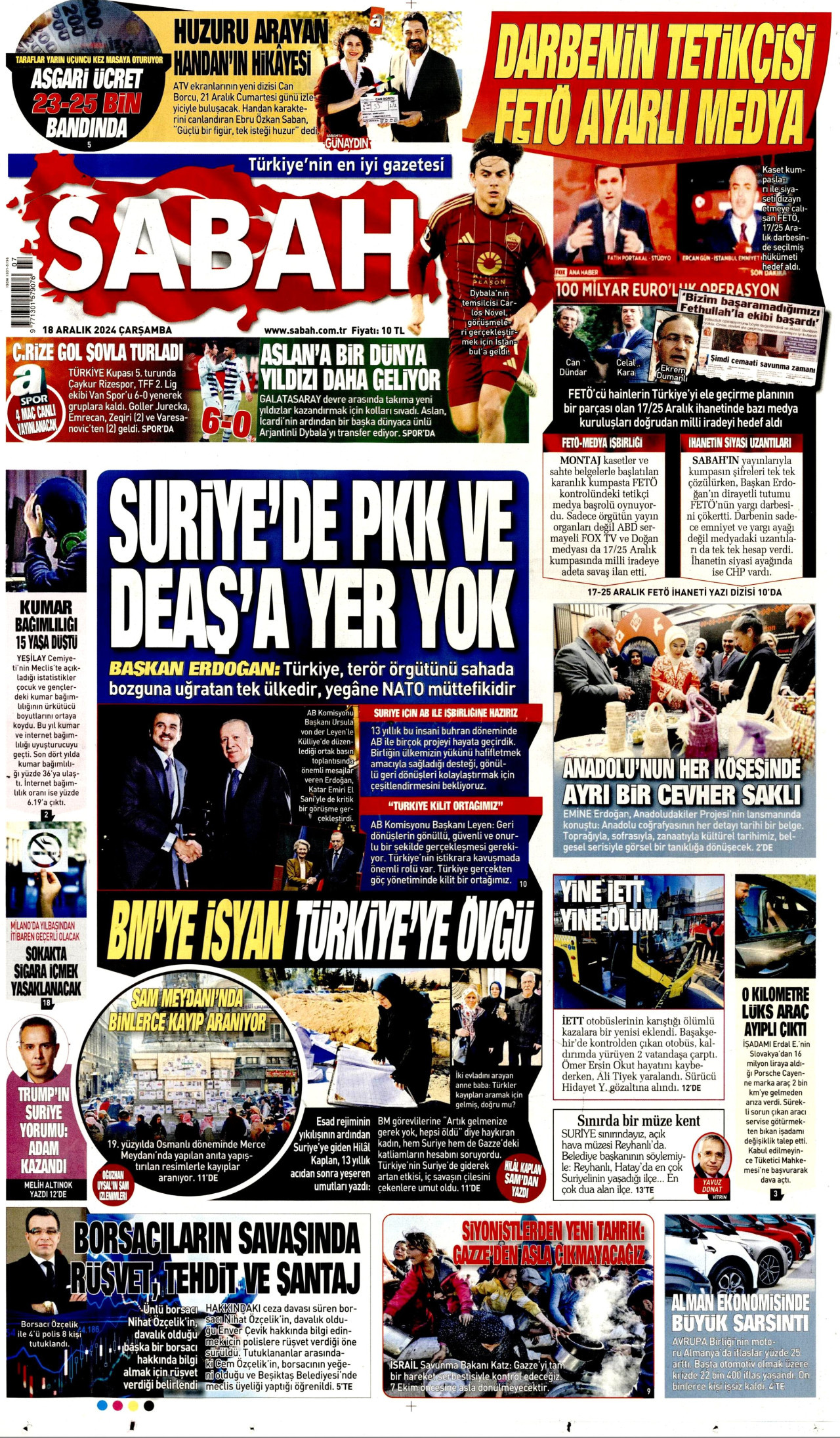 SABAH gazetesinin 18 Aralık 2024 tarihli birinci sayfası