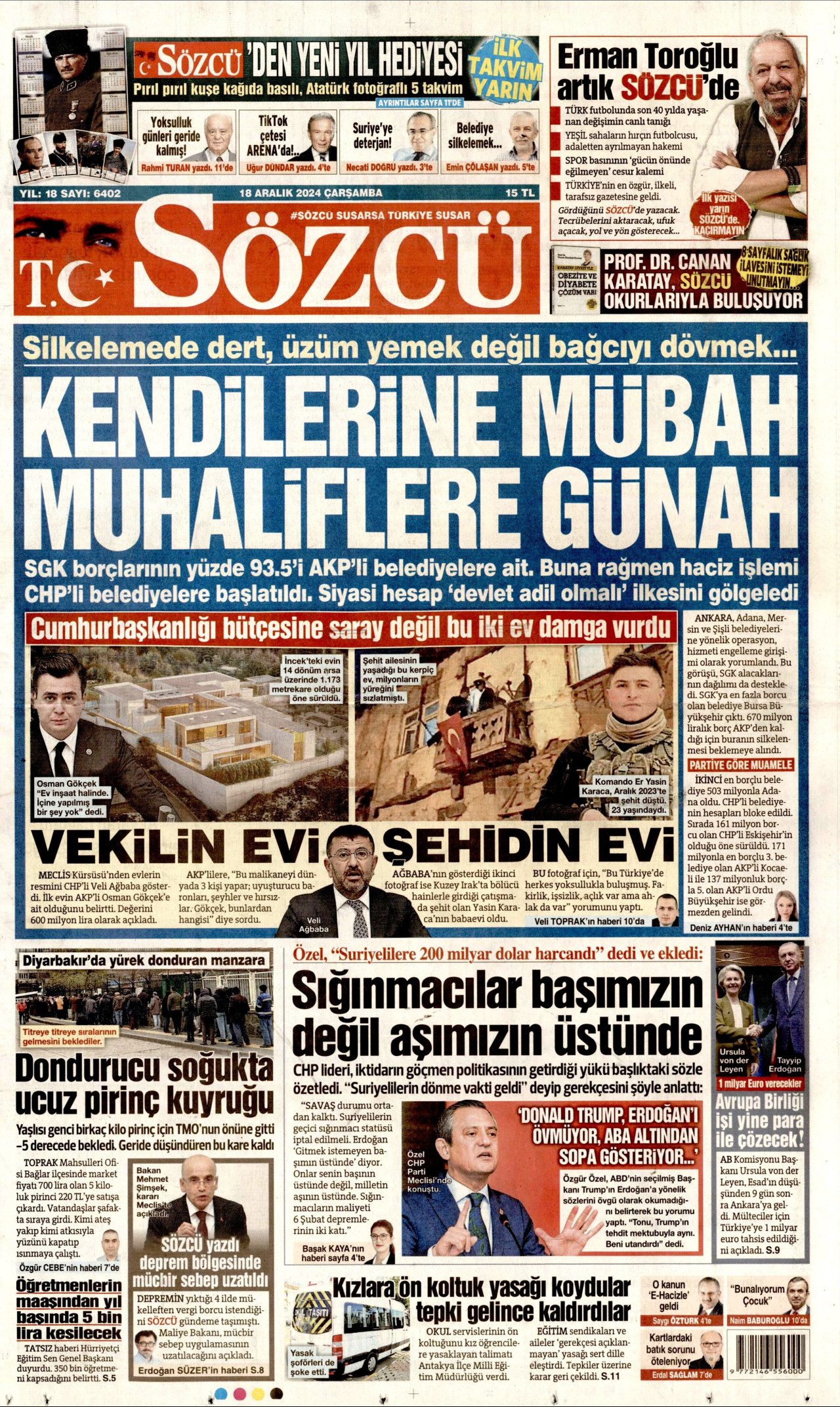 SÖZCÜ gazetesinin 18 Aralık 2024 tarihli birinci sayfası