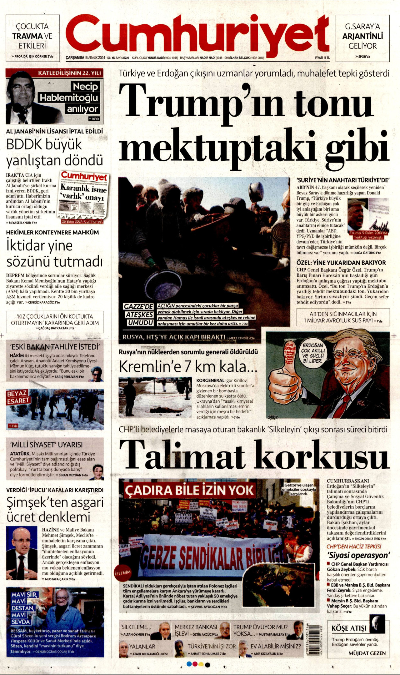 CUMHURİYET gazetesinin 18 Aralık 2024 tarihli birinci sayfası