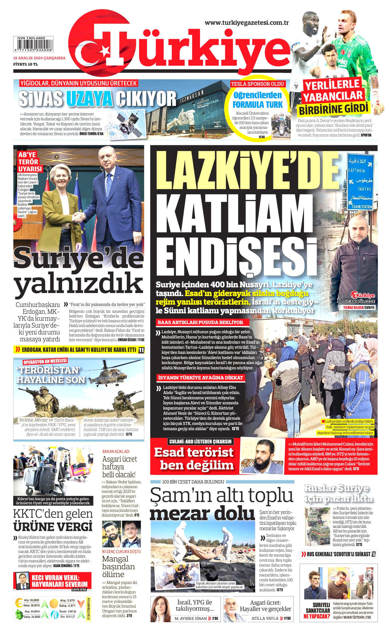 TÜRKİYE GAZETESİ gazetesinin 18 Aralık 2024 tarihli birinci sayfası