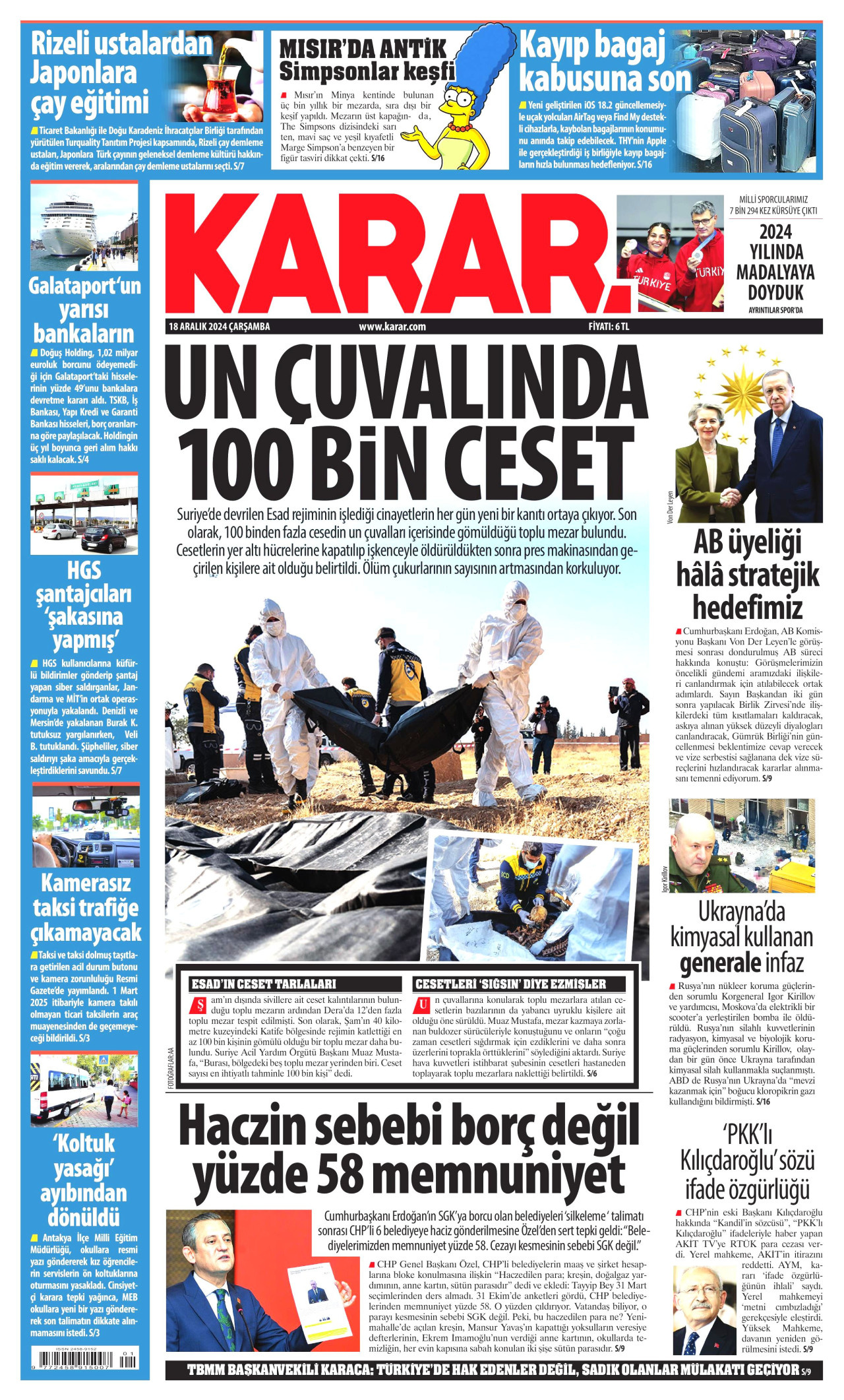 KARAR gazetesinin 18 Aralık 2024 tarihli birinci sayfası