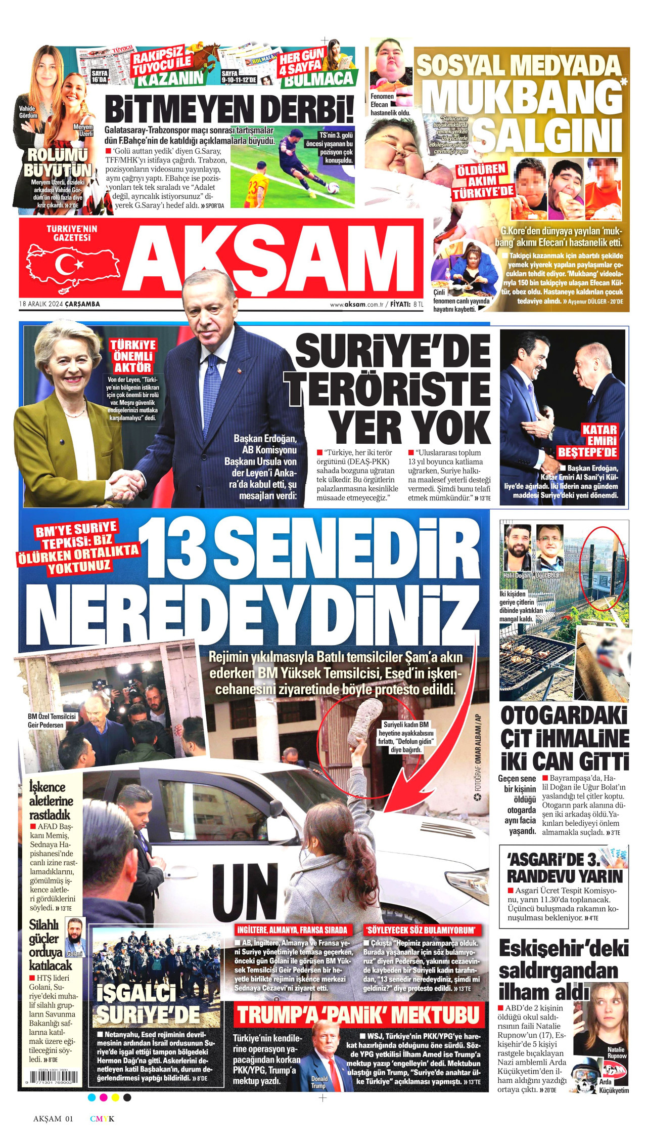 AKŞAM gazetesinin 18 Aralık 2024 tarihli birinci sayfası