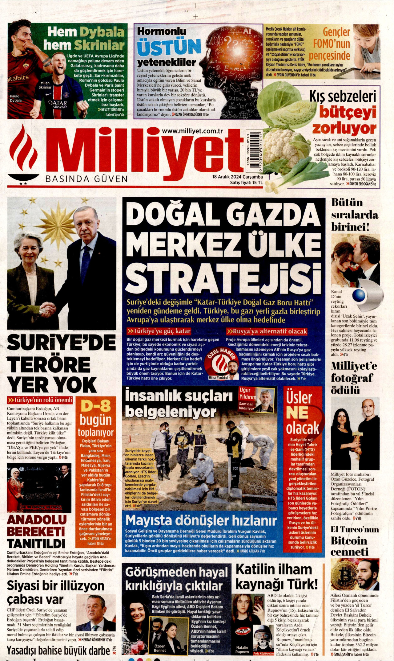 MİLLİYET gazetesinin 18 Aralık 2024 tarihli birinci sayfası
