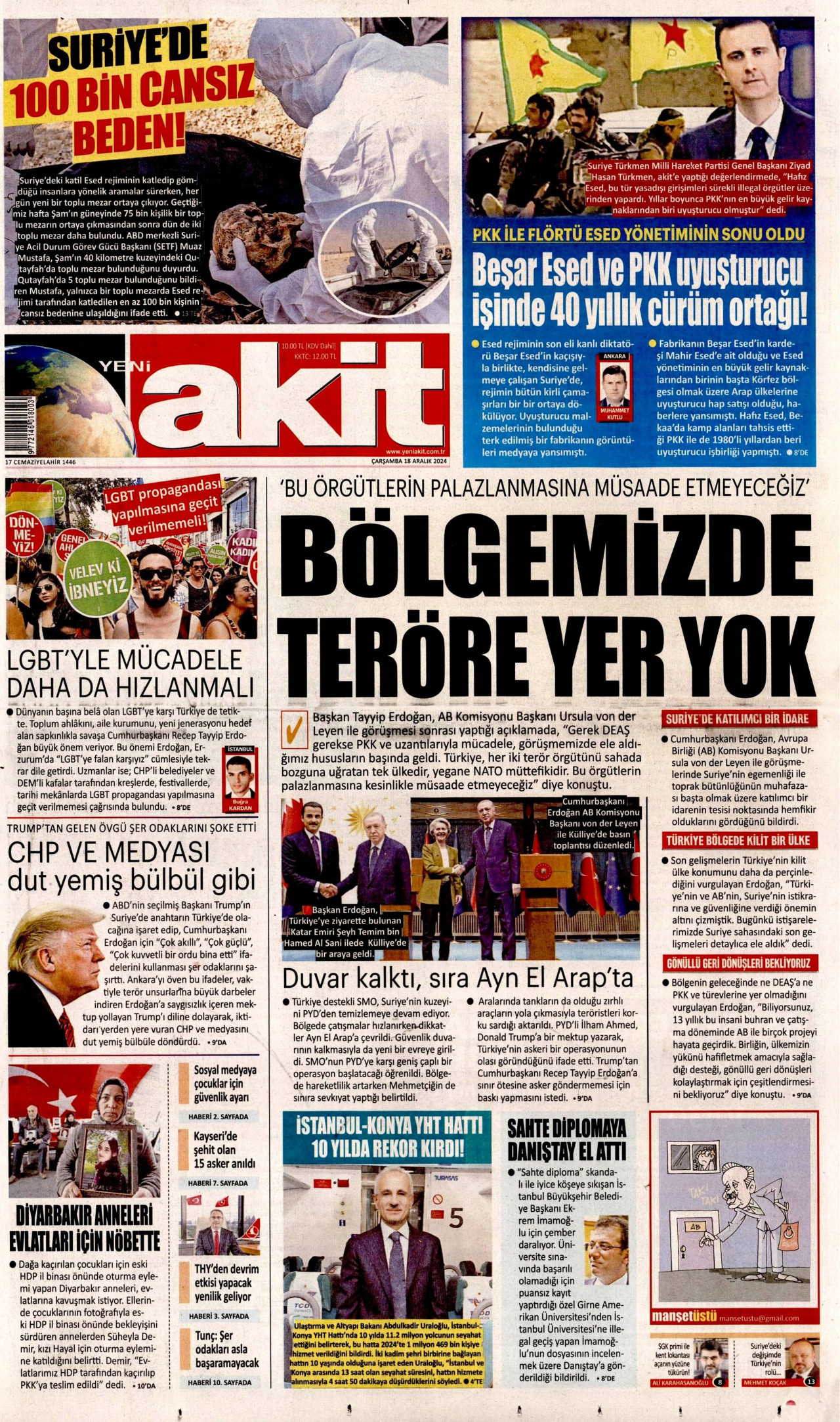 YENİ AKİT gazetesinin 18 Aralık 2024 tarihli birinci sayfası