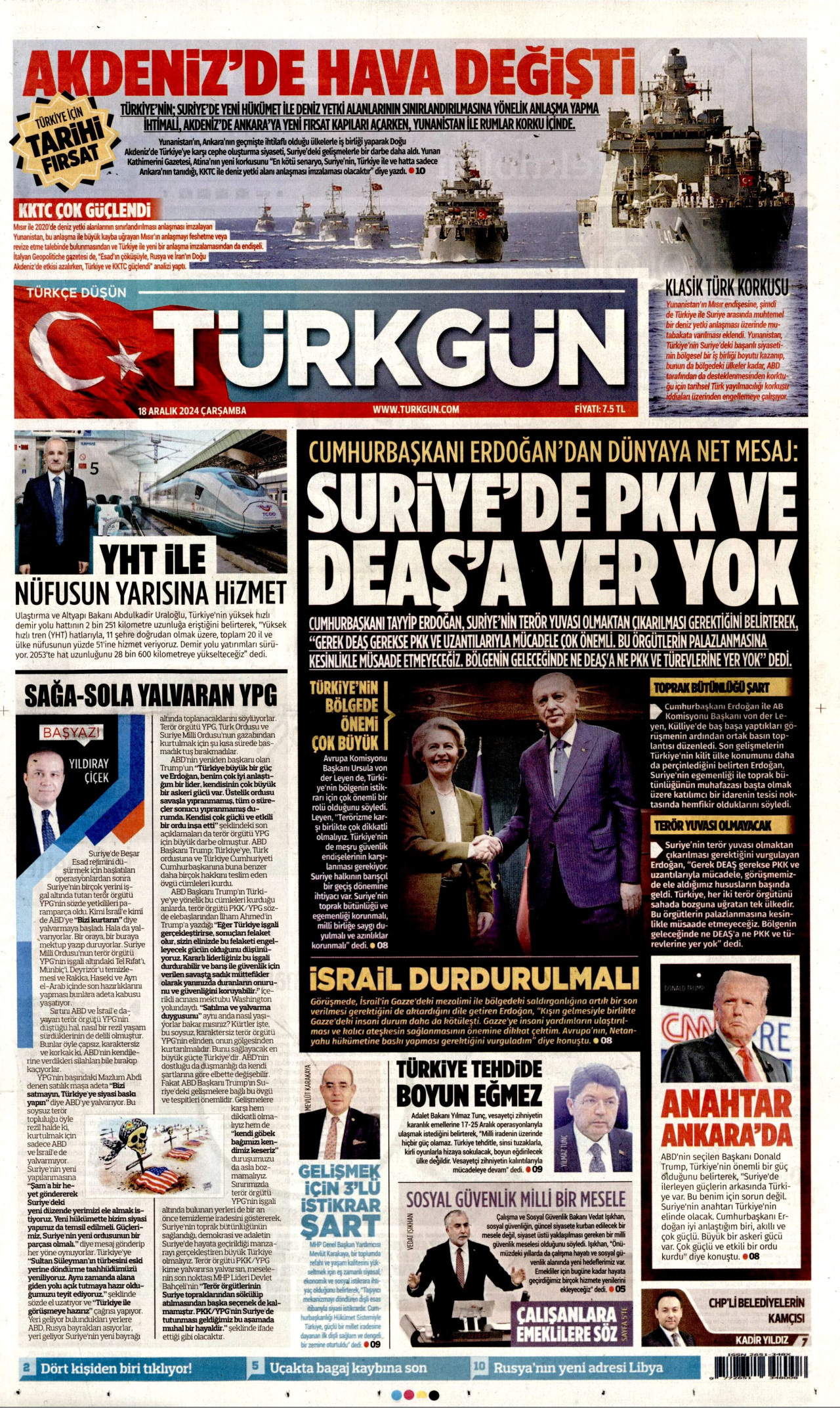 TÜRKGÜN gazetesinin 18 Aralık 2024 tarihli birinci sayfası