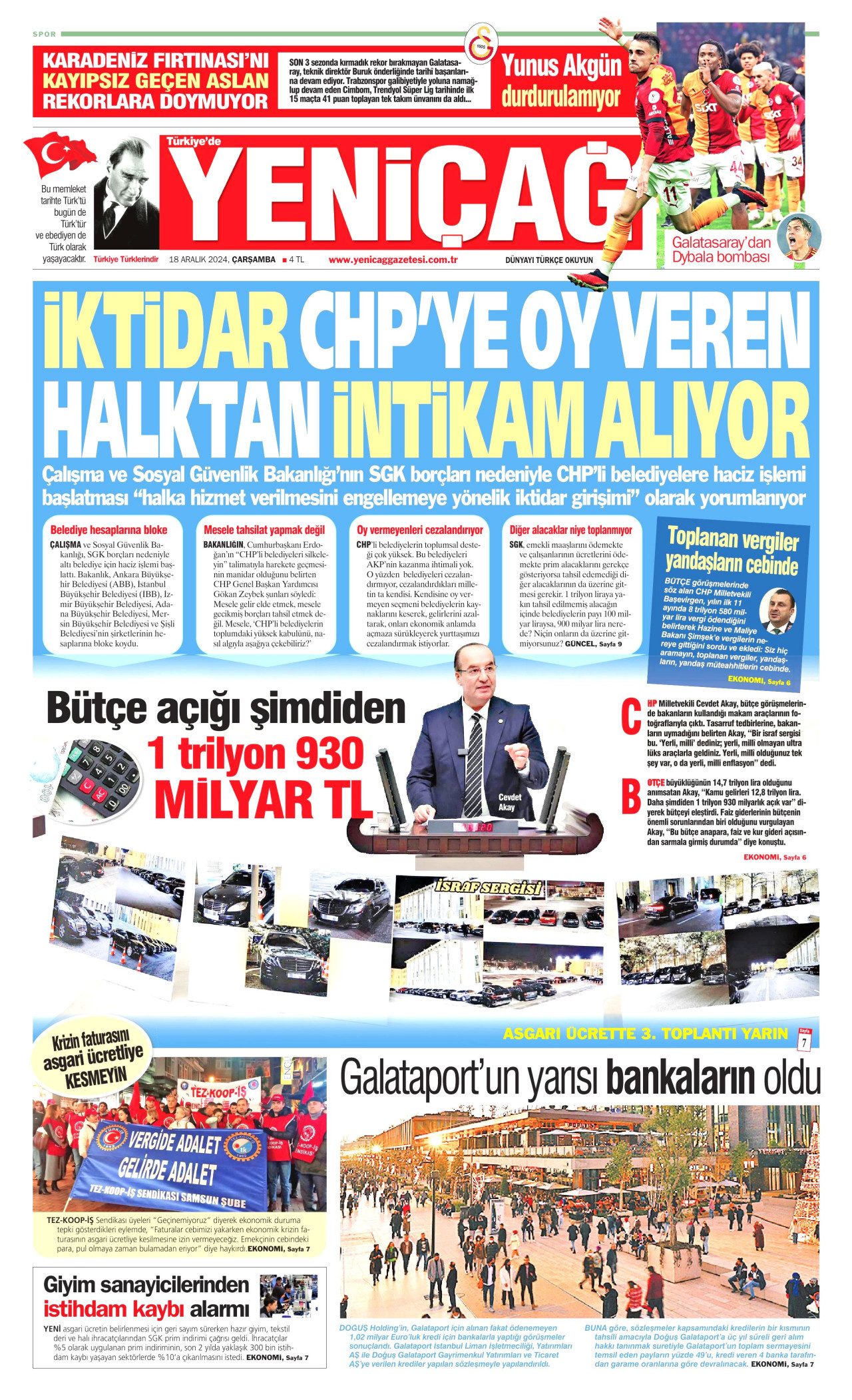 YENİÇAĞ gazetesinin 18 Aralık 2024 tarihli birinci sayfası