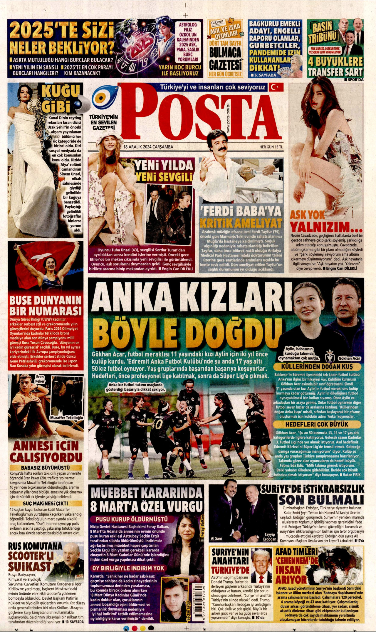 POSTA gazetesinin 18 Aralık 2024 tarihli birinci sayfası