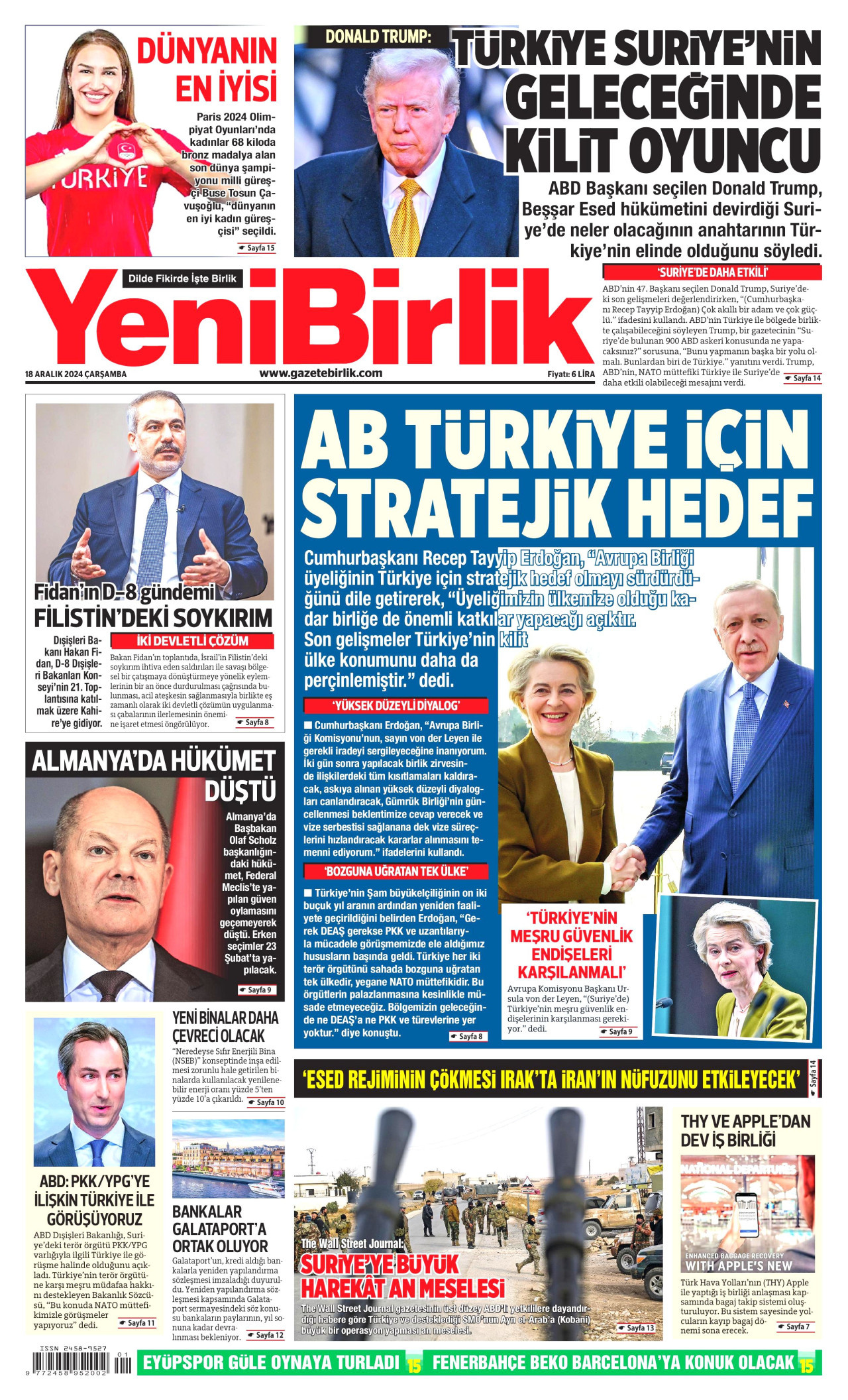 YENİBİRLİK gazetesinin 18 Aralık 2024 tarihli birinci sayfası