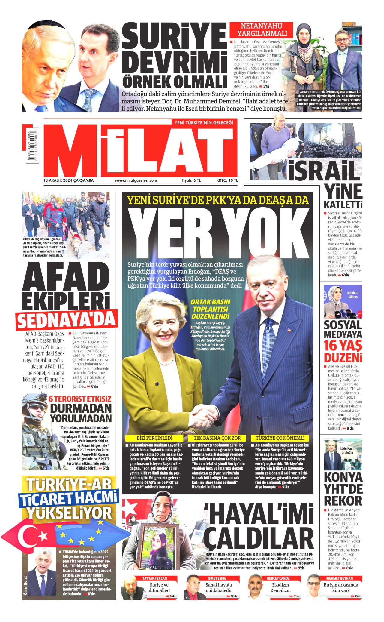 MİLAT gazetesinin 18 Aralık 2024 tarihli birinci sayfası