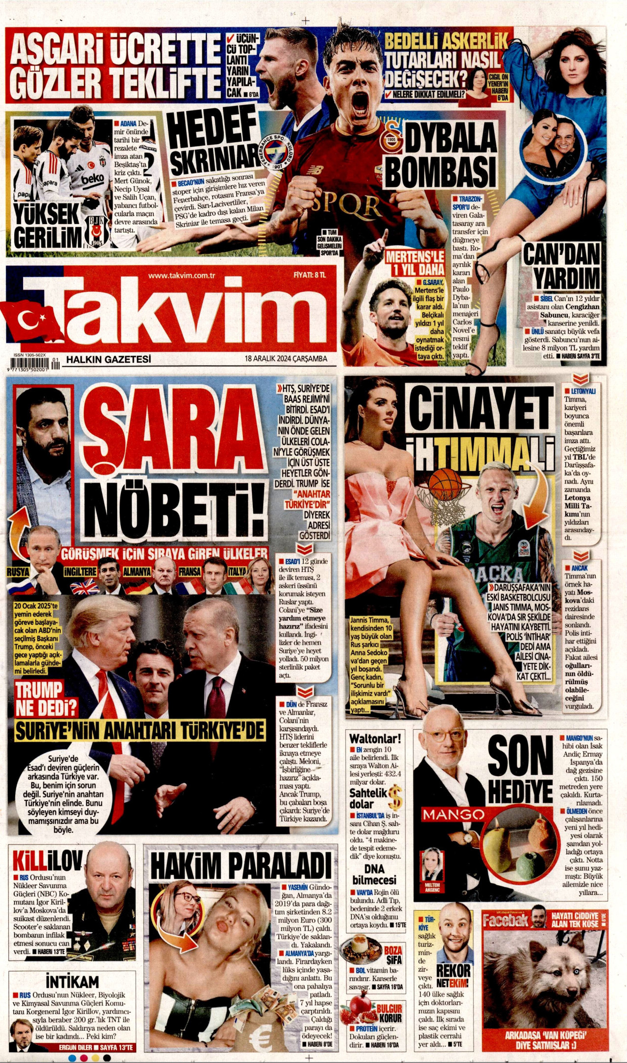 TAKVİM gazetesinin 18 Aralık 2024 tarihli birinci sayfası