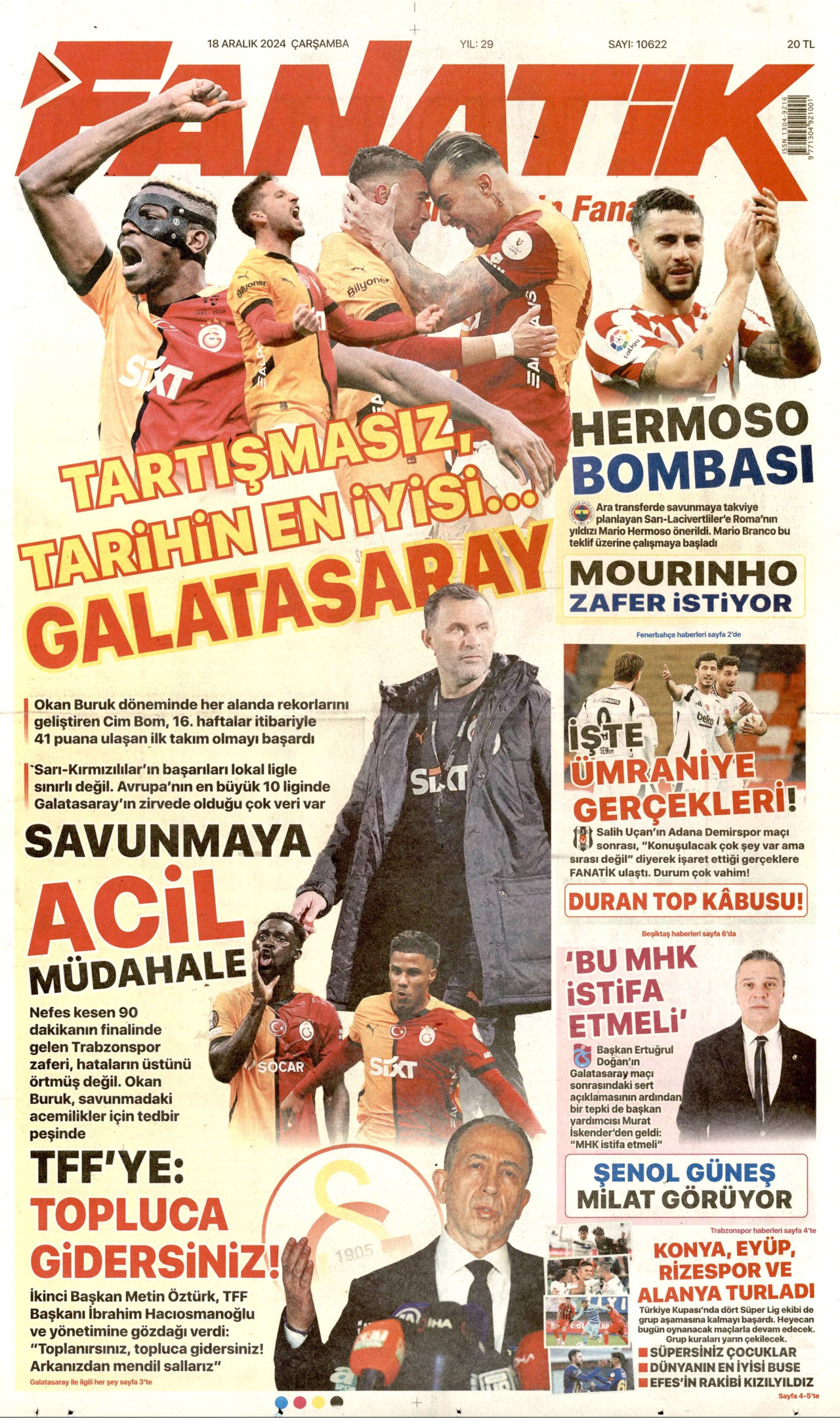 FANATİK gazetesinin 18 Aralık 2024 tarihli birinci sayfası