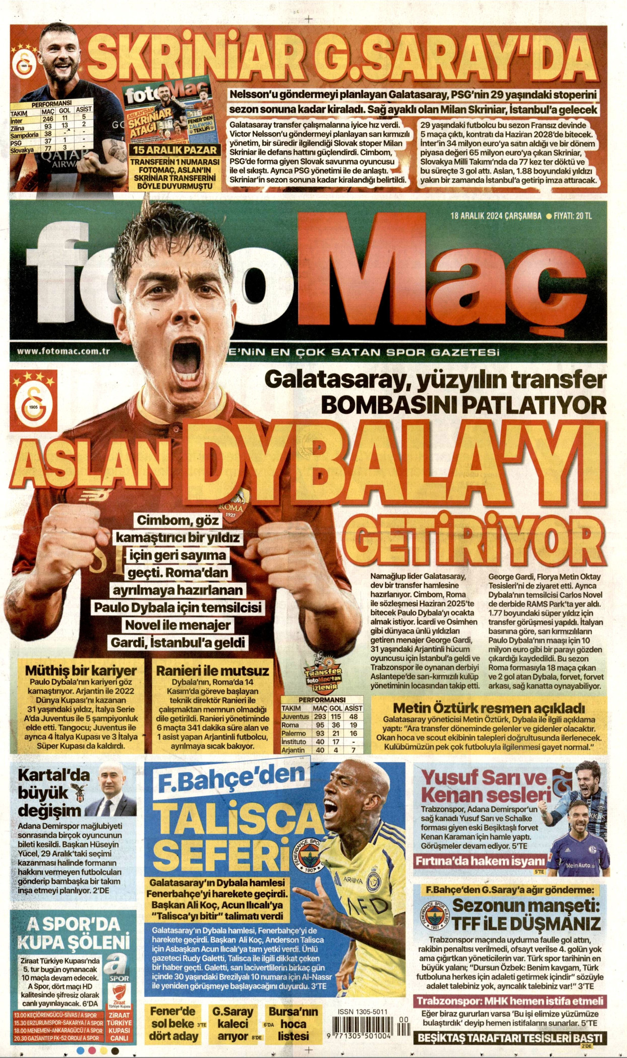 FOTOMAÇ gazetesinin 18 Aralık 2024 tarihli birinci sayfası