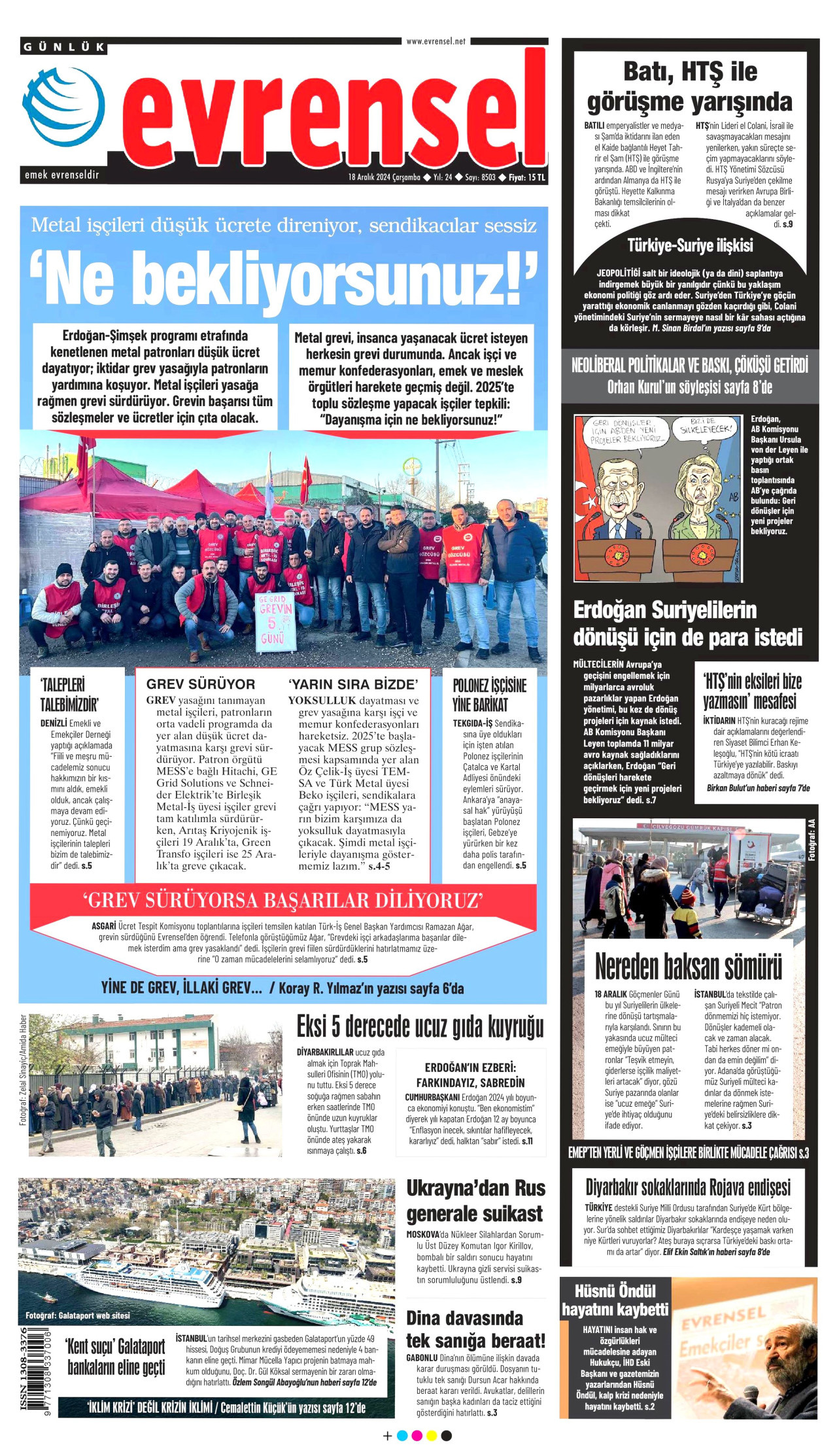 EVRENSEL gazetesinin 18 Aralık 2024 tarihli birinci sayfası