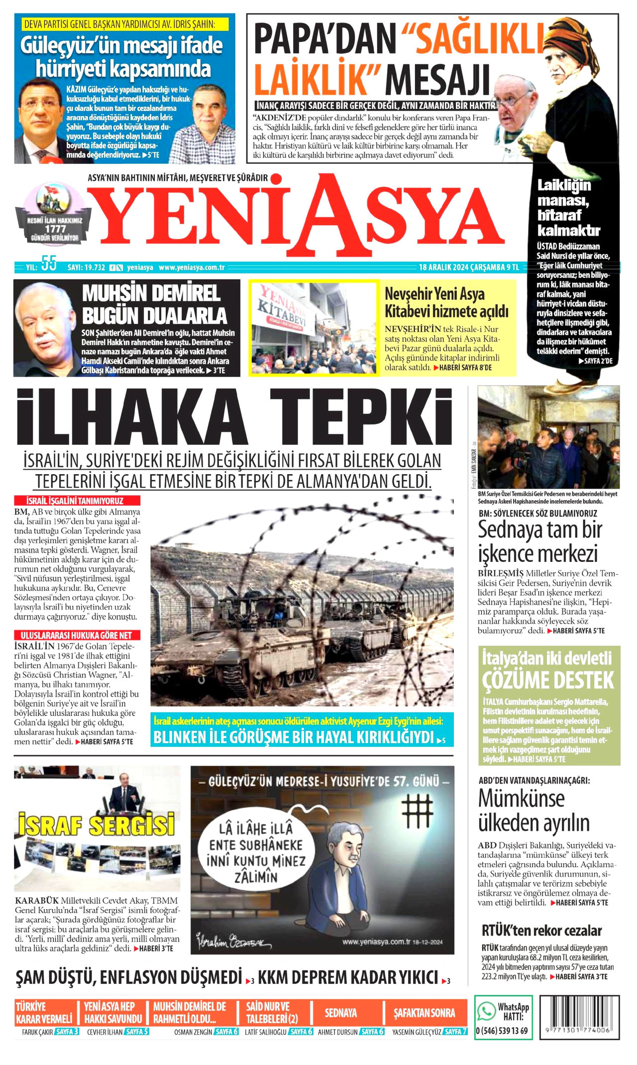 YENİ ASYA gazetesinin 18 Aralık 2024 tarihli birinci sayfası