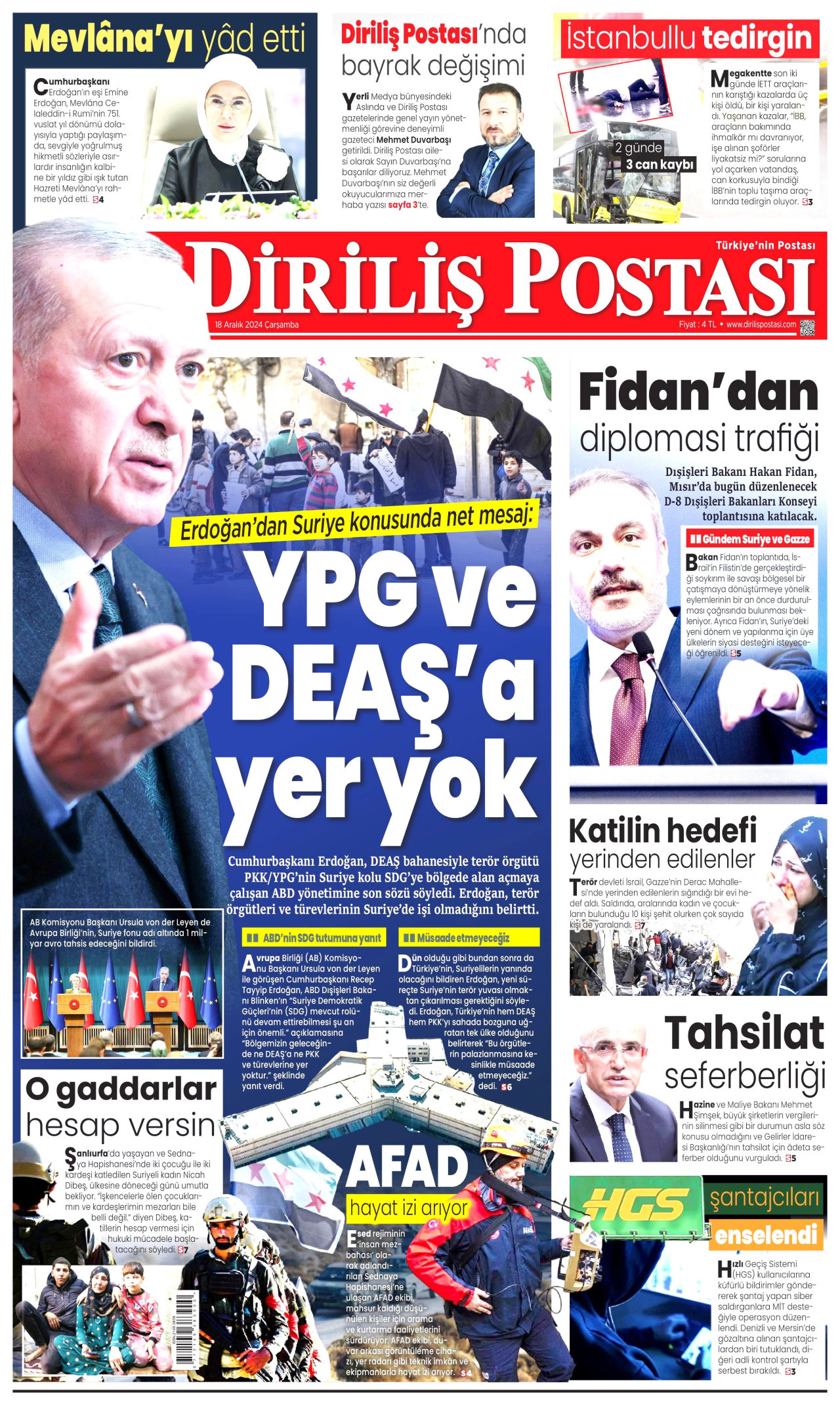 DİRİLİŞ POSTASI gazetesinin 18 Aralık 2024 tarihli birinci sayfası