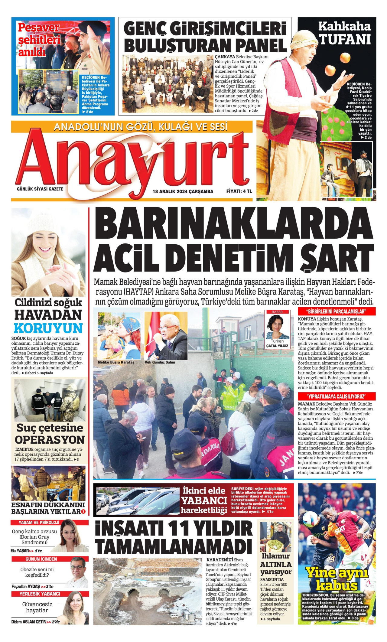 ANAYURT gazetesinin 18 Aralık 2024 tarihli birinci sayfası