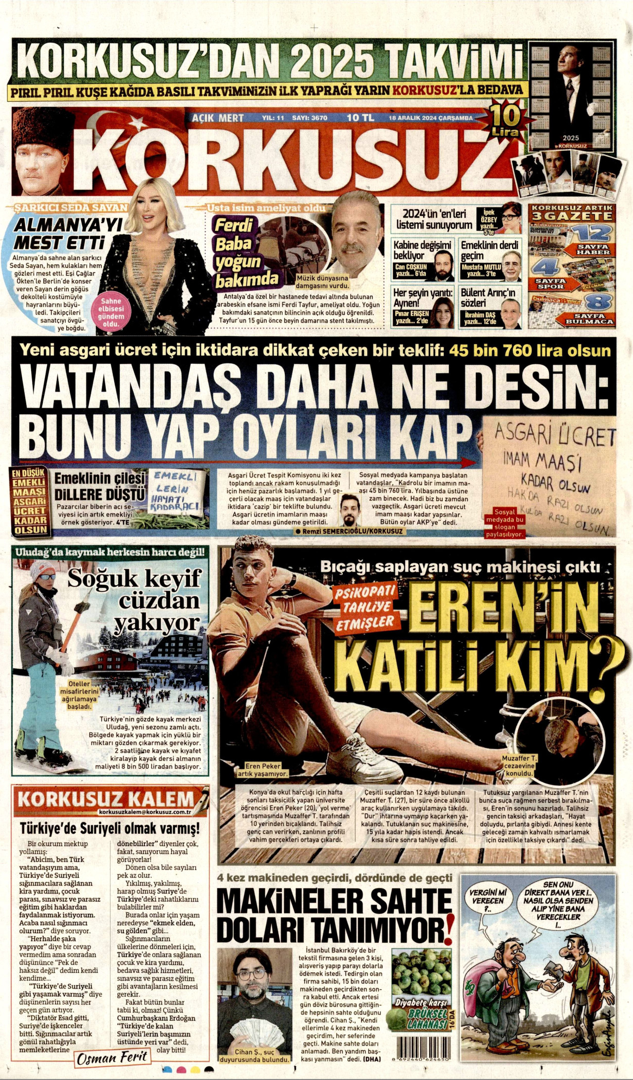 KORKUSUZ gazetesinin 18 Aralık 2024 tarihli birinci sayfası