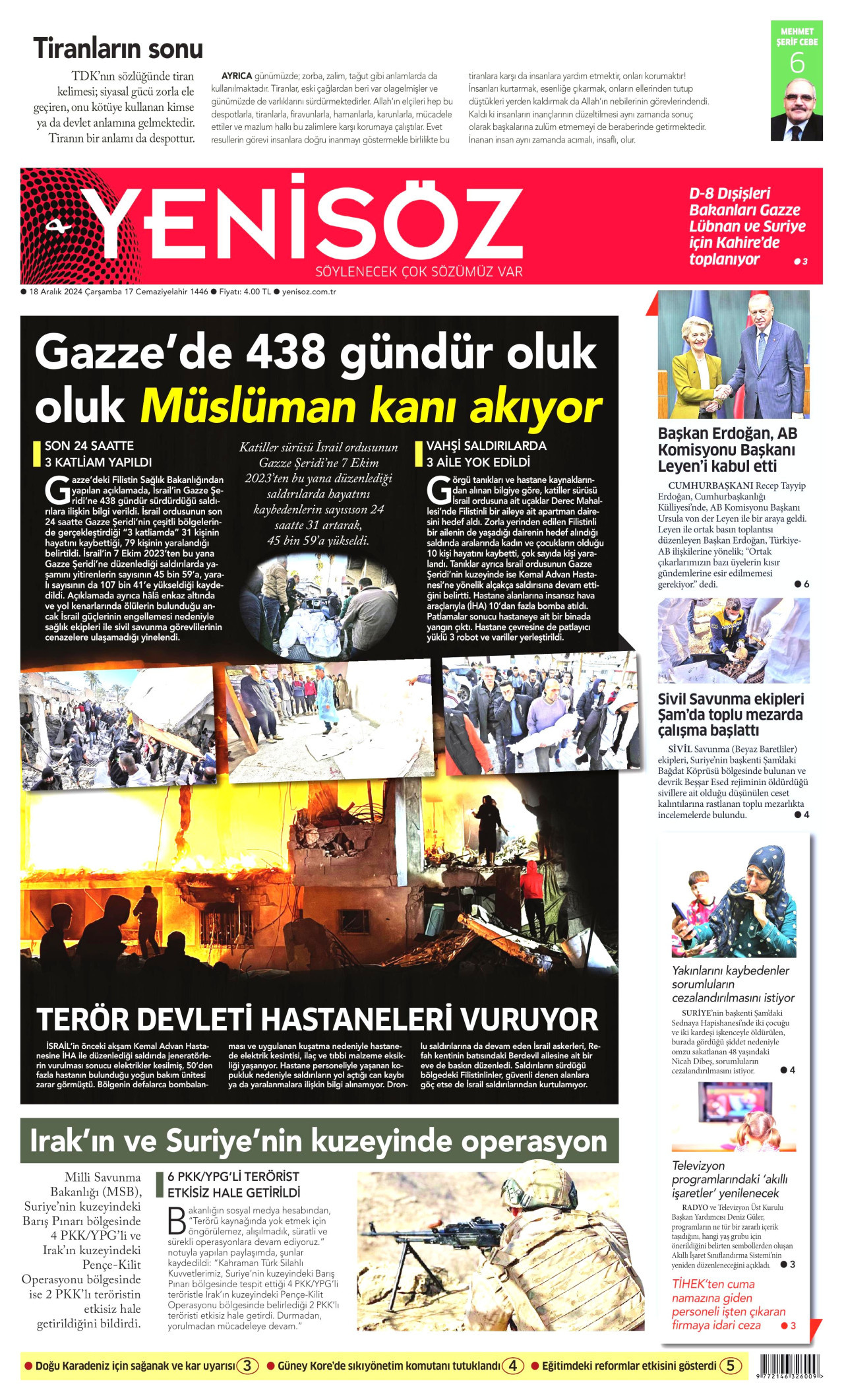YENİ SÖZ GAZETESİ gazetesinin 18 Aralık 2024 tarihli birinci sayfası