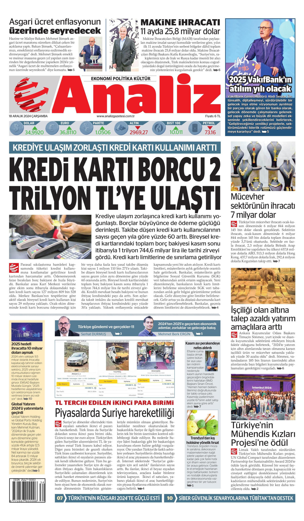 ANALİZ gazetesinin 18 Aralık 2024 tarihli birinci sayfası