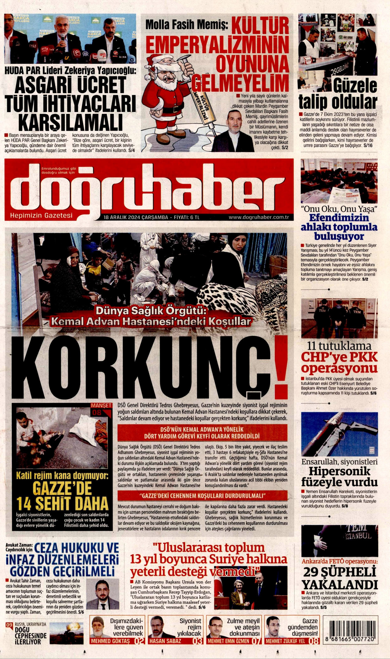 DOĞRU HABER gazetesinin 18 Aralık 2024 tarihli birinci sayfası